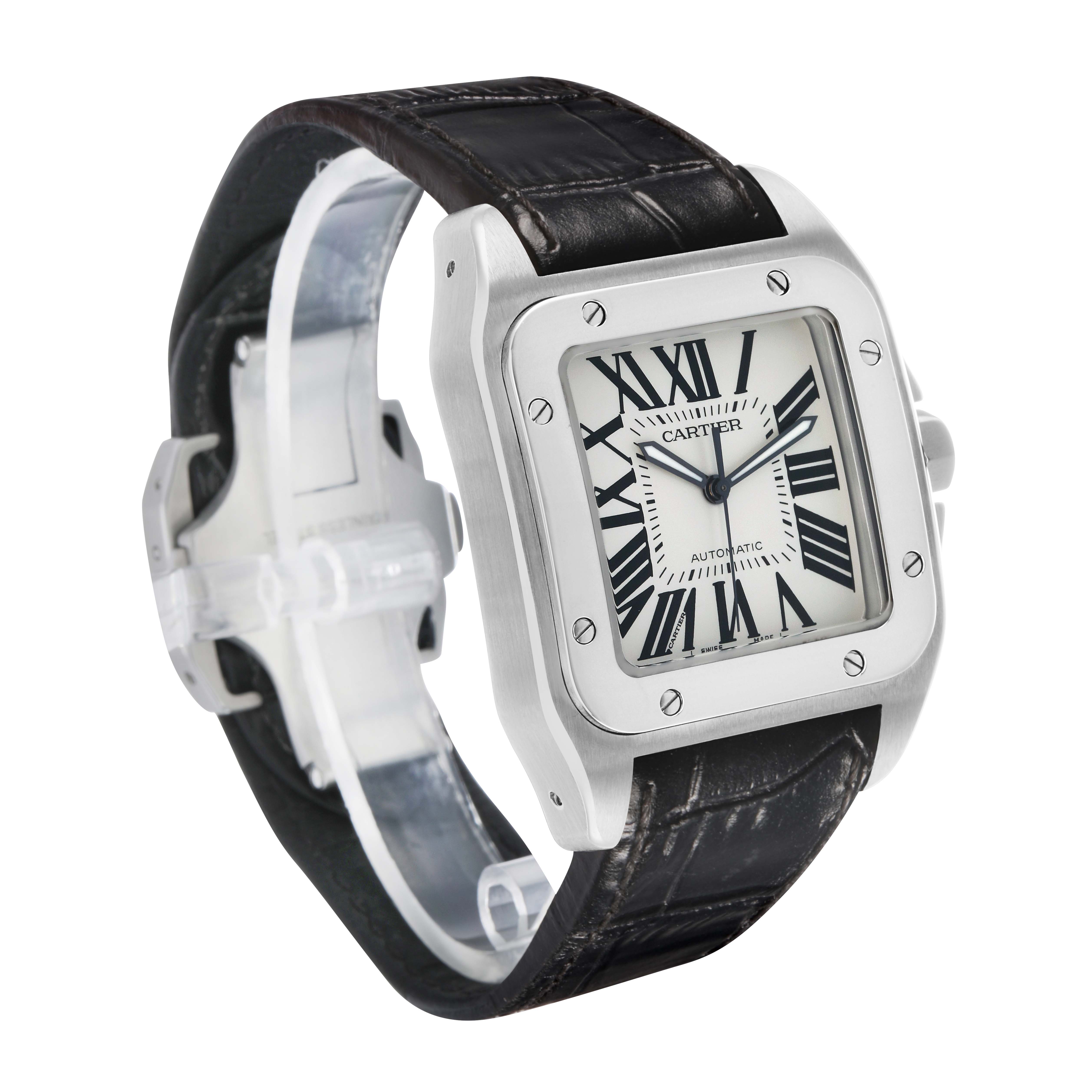 The Cartier Santos W20073X8 Men's Stainless Steel Silver Dial watch is shown at a three-quarter angle, highlighting the dial, bezel, and leather strap.