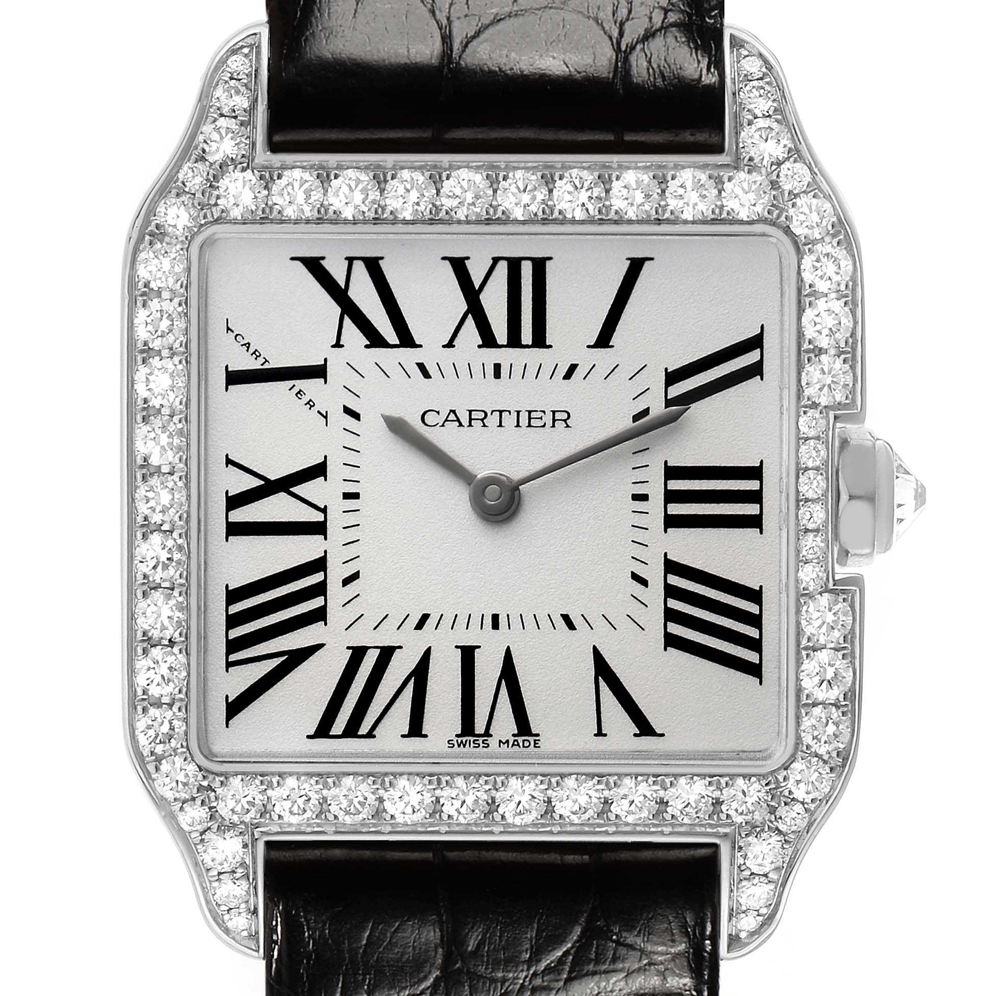 The Cartier Santos Dumont WH100251 Men's White Gold Silver Dial watch is shown from the front, displaying the face, bezel with diamonds, and part of the leather strap.