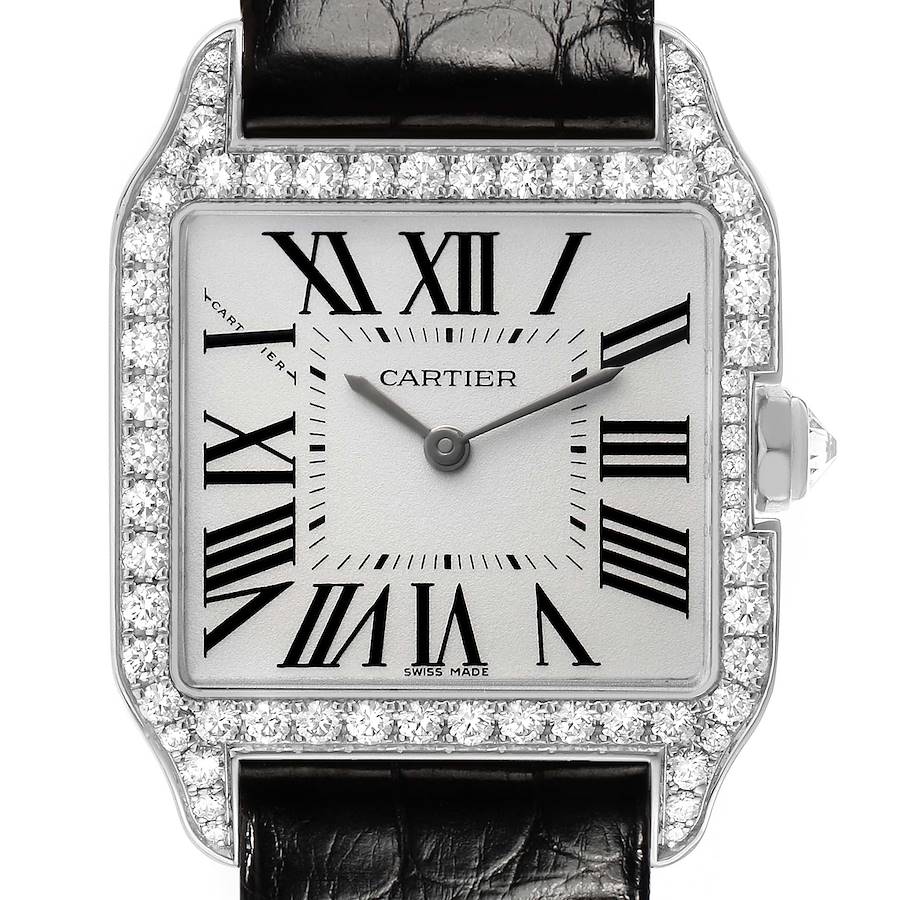 The Cartier Santos Dumont WH100251 Men's White Gold Silver Dial watch is shown from the front, displaying the face, bezel with diamonds, and part of the leather strap.