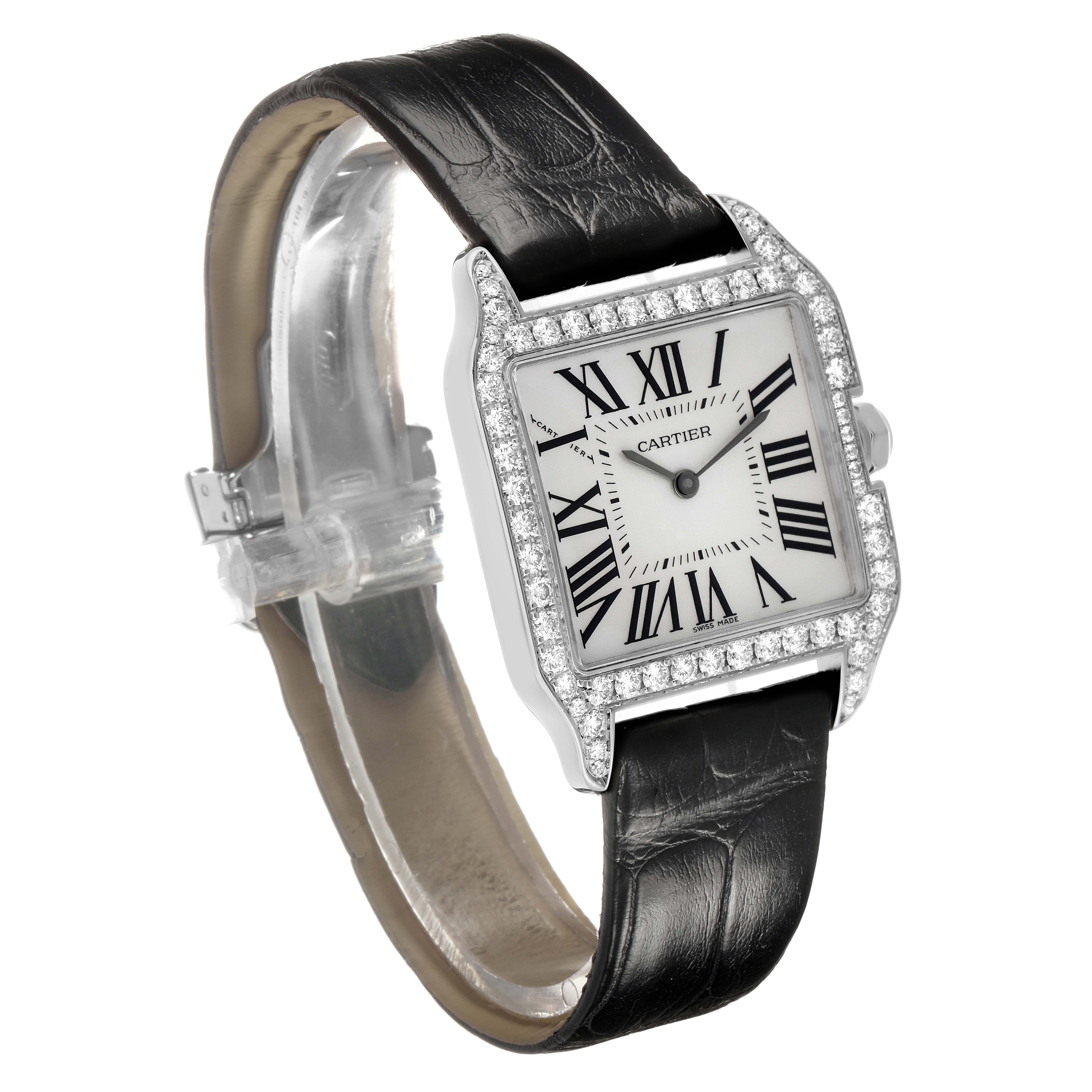 The Cartier Santos Dumont WH100251 Men's White Gold Silver Dial watch is shown at a three-quarter angle, displaying the face, bezel, and black leather strap.