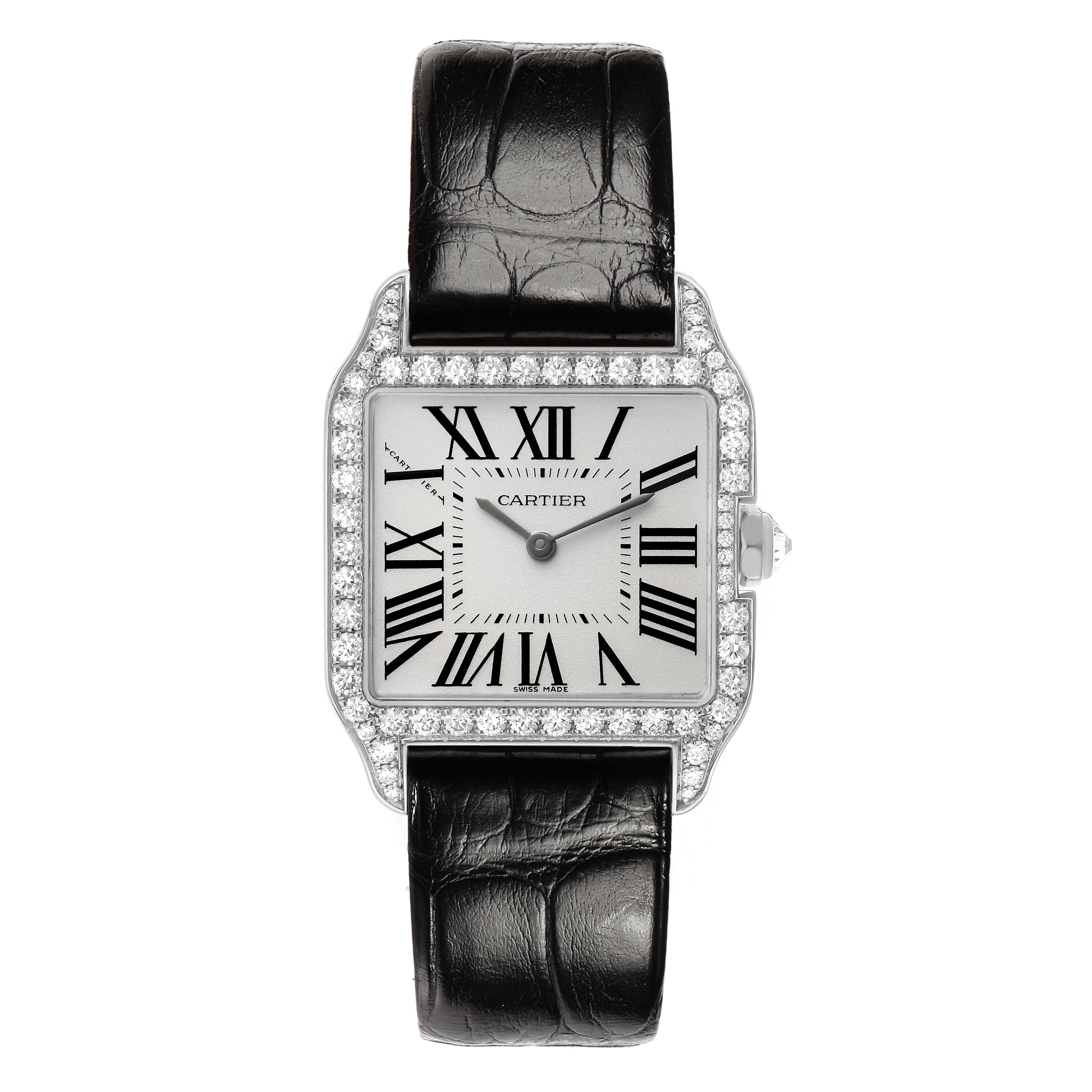 The Cartier Santos Dumont WH100251 Men's White Gold Silver Dial watch is shown from a front angle, displaying the face, bezel with diamonds, and the black leather strap.
