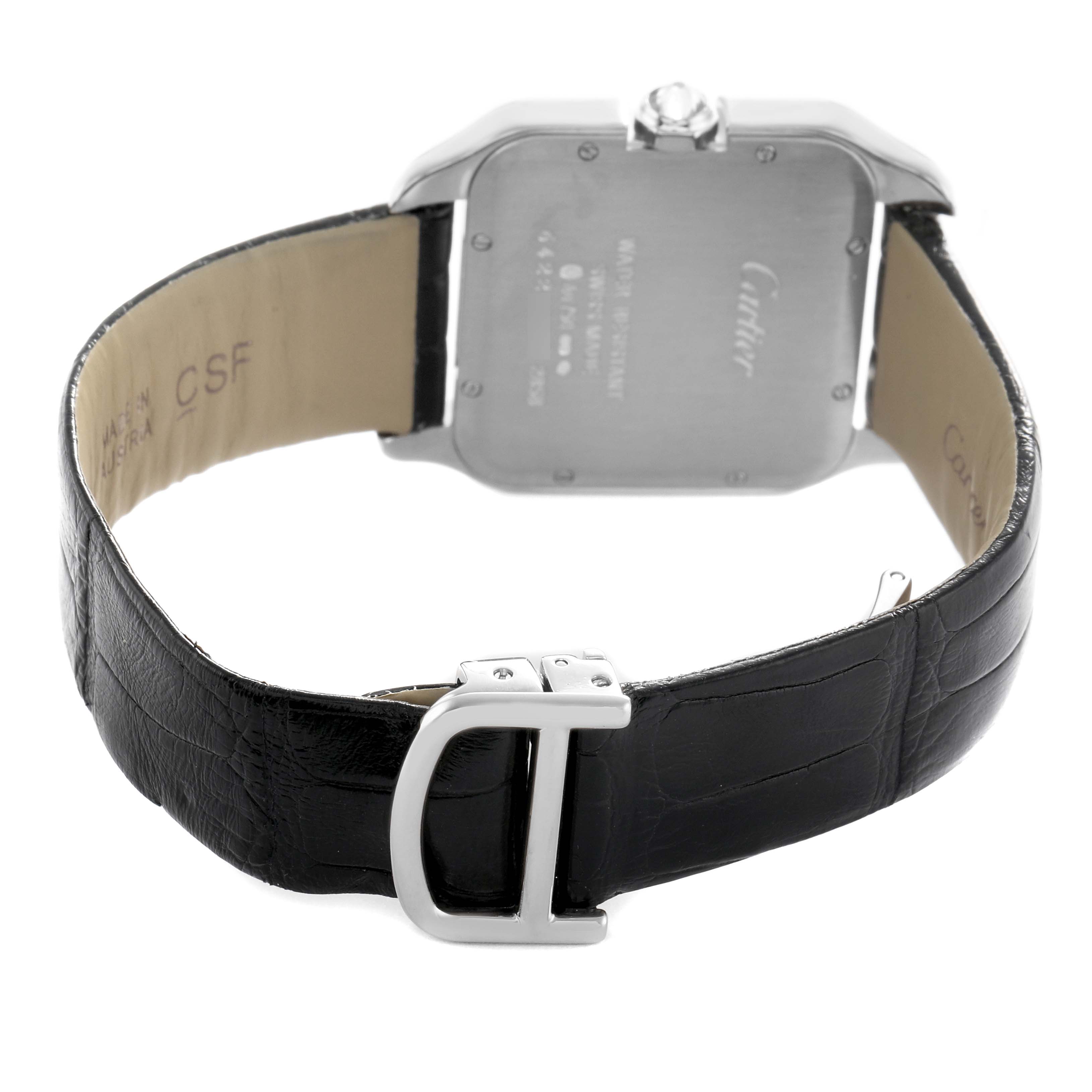 The image shows the back of a Cartier Santos Dumont WH100251 Men's White Gold Silver Dial watch, highlighting the case, crown, and leather strap with the buckle open.