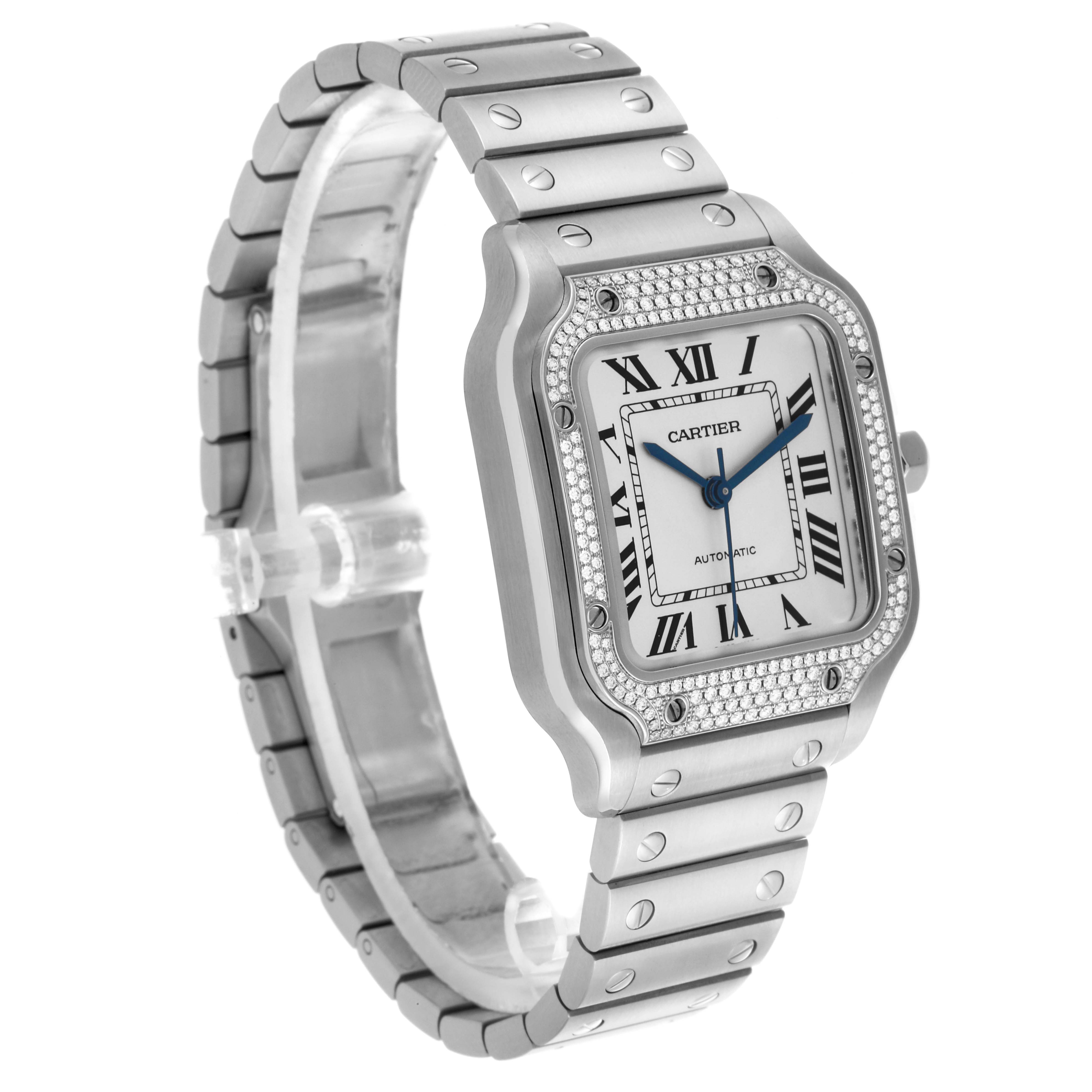 The Cartier Santos W4SA0005 Men
s Stainless Steel Silver Dial W4SA0005 Men
s Stainless Steel Silver Dial watch is shown at a three-quarter angle, highlighting its face, bezel, and bracelet.