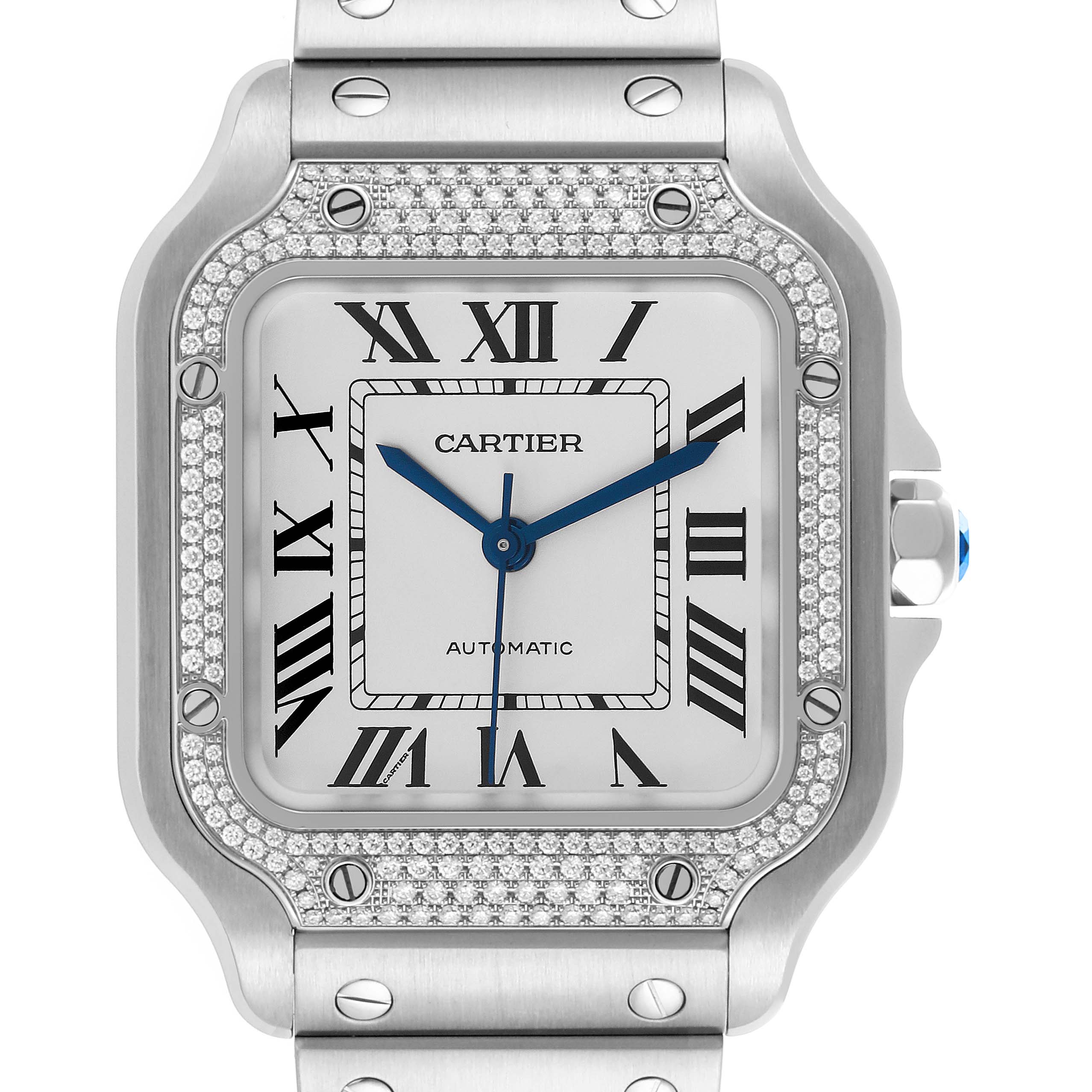 The Cartier Santos W4SA0005 Men
s Stainless Steel Silver Dial W4SA0005 Men
s Stainless Steel Silver Dial watch is shown from the front, highlighting the face, bezel, crown, and part of the bracelet.