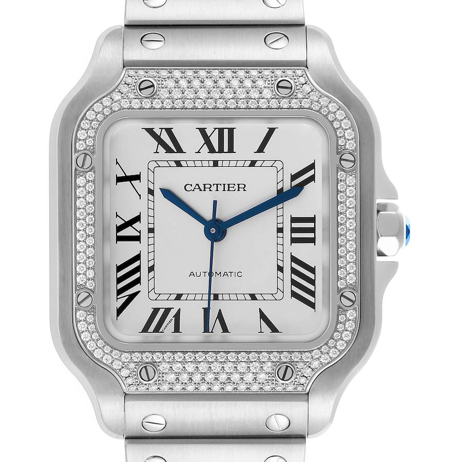 The Cartier Santos watch is shown from the front, highlighting the face, bezel, crown, and part of the bracelet.