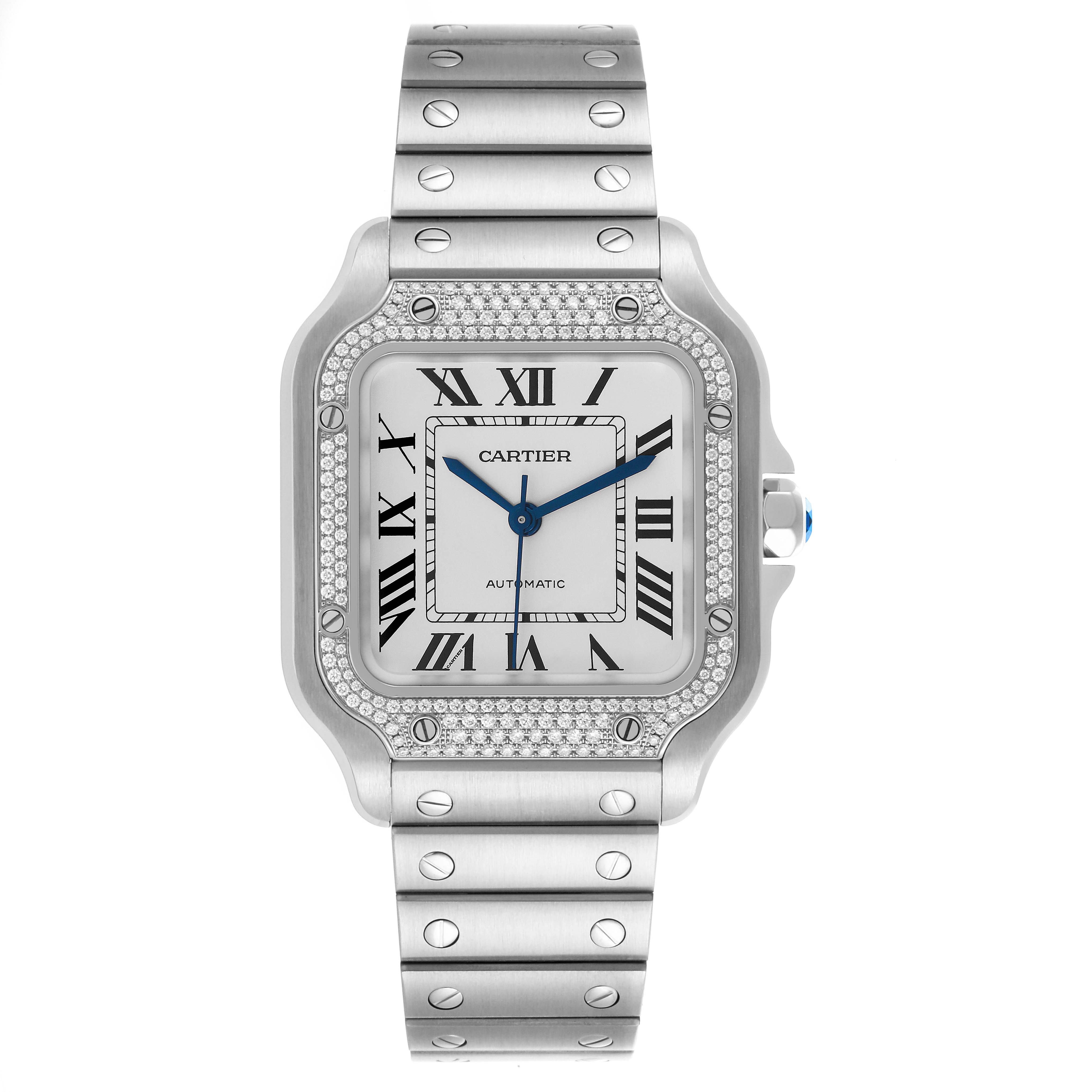 The Cartier Santos W4SA0005 Men
s Stainless Steel Silver Dial W4SA0005 Men
s Stainless Steel Silver Dial watch is shown from a front angle, displaying the face, bezel, and bracelet.