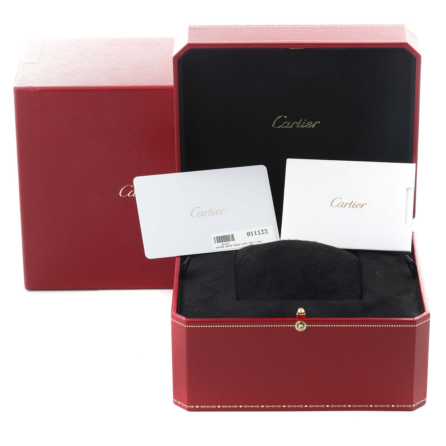 The image shows the red box and documentation for the Cartier Santos W4SA0005 Men
s Stainless Steel Silver Dial W4SA0005 Men
s Stainless Steel Silver Dial, without the watch itself.