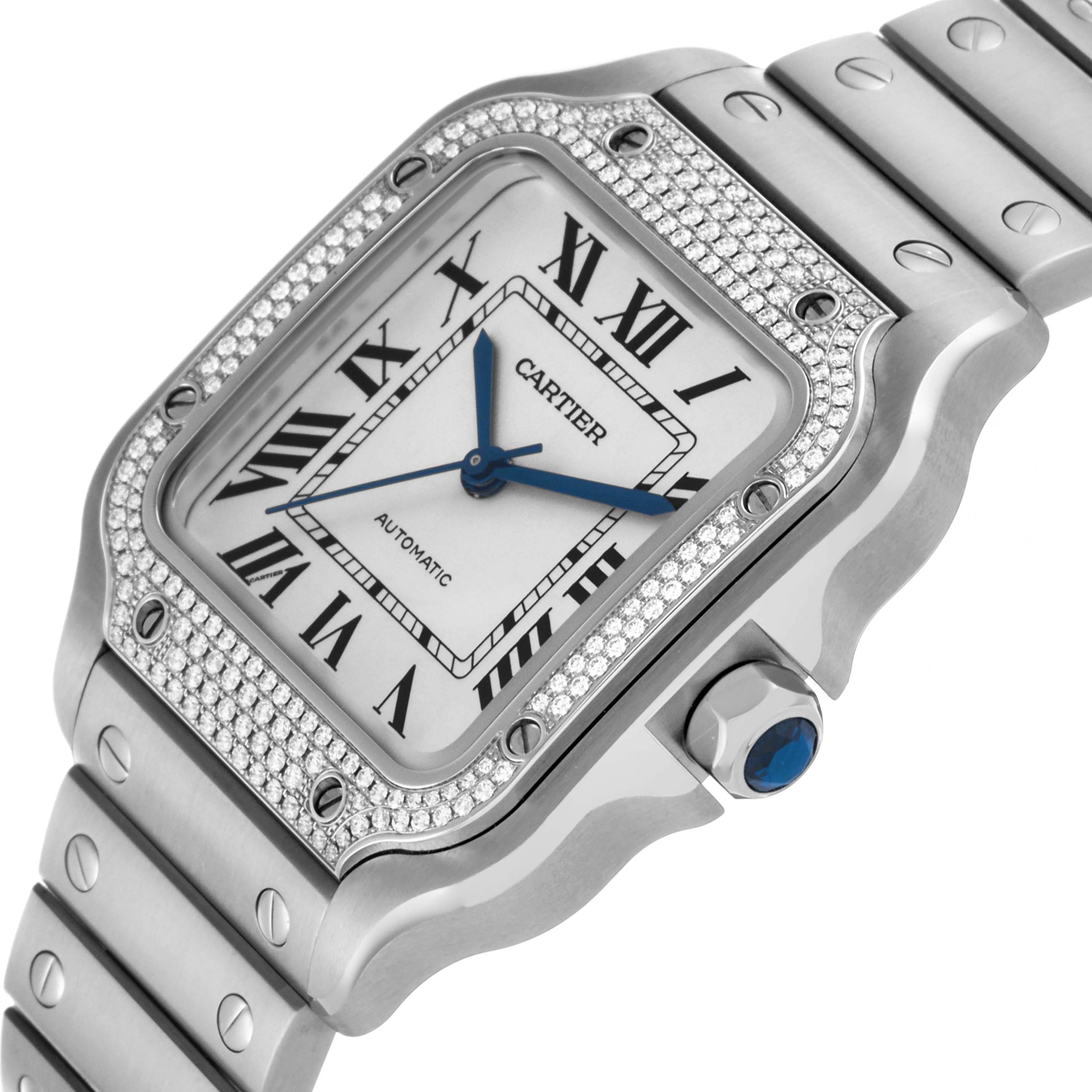 The Cartier Santos W4SA0005 Men
s Stainless Steel Silver Dial W4SA0005 Men
s Stainless Steel Silver Dial watch is shown from a three-quarter angle, highlighting the dial, bezel, bracelet, and crown.