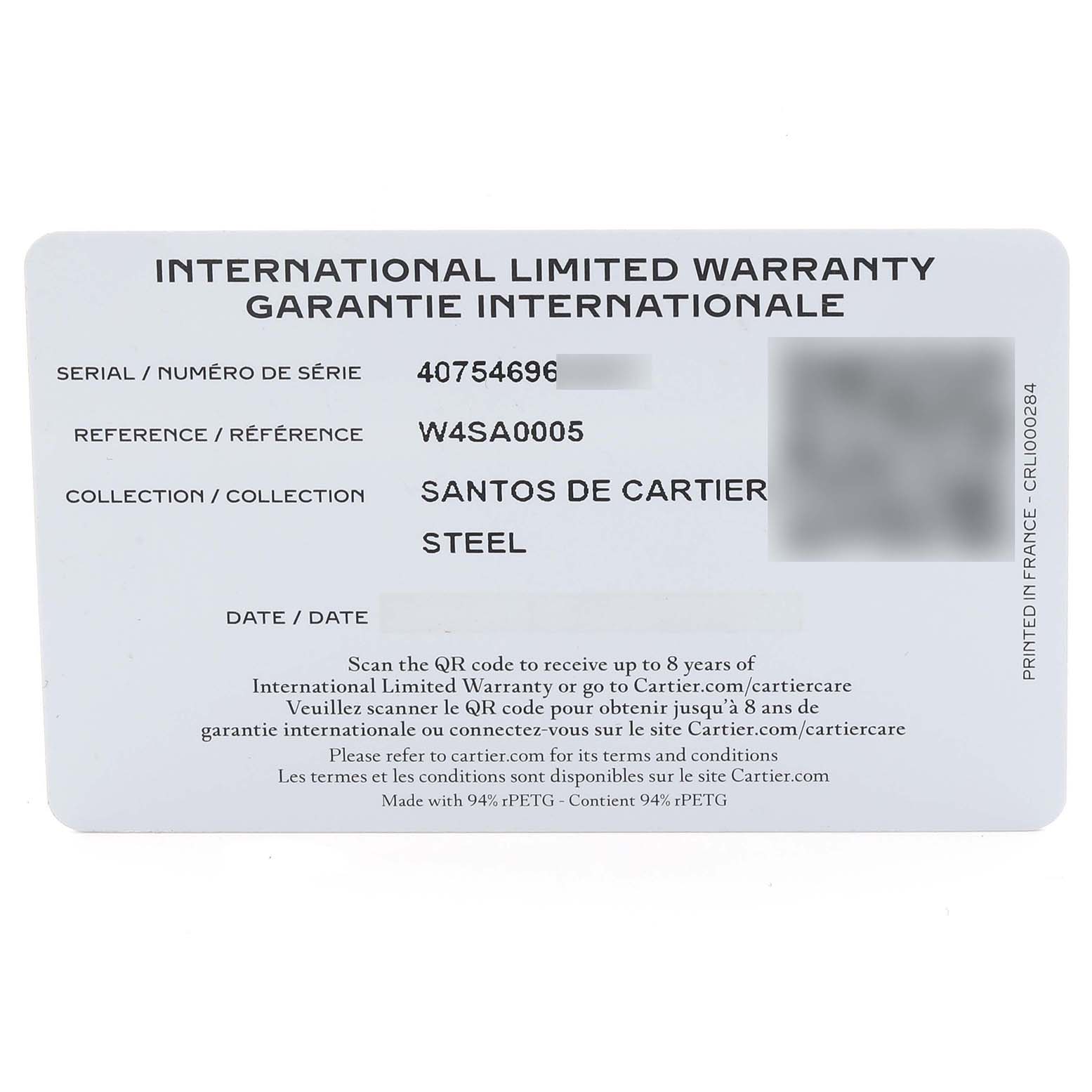 This image shows the international warranty card for the Santos de Cartier watch.