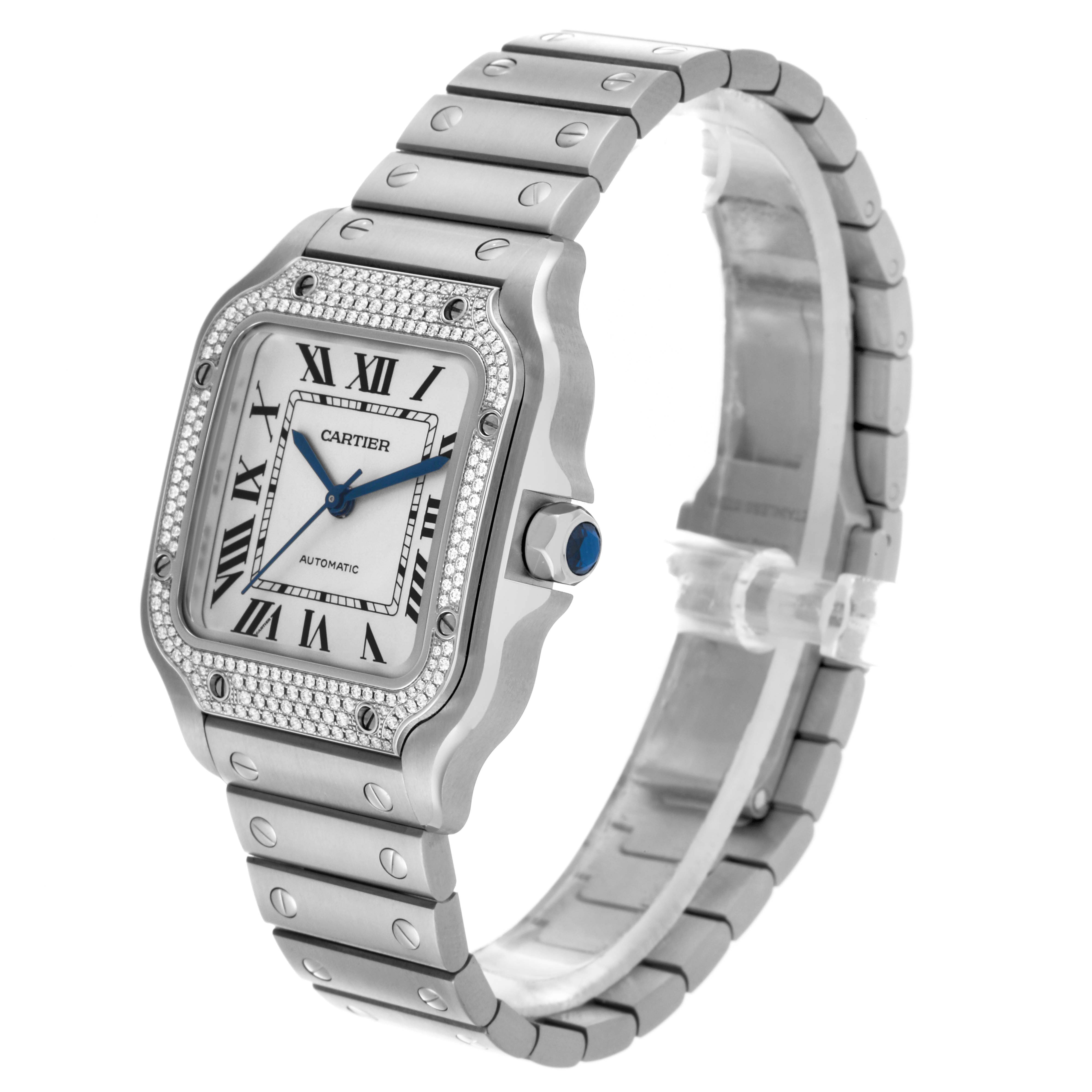 The Cartier Santos W4SA0005 Men
s Stainless Steel Silver Dial W4SA0005 Men
s Stainless Steel Silver Dial watch is shown at a side angle, highlighting the face, bezel, and bracelet.