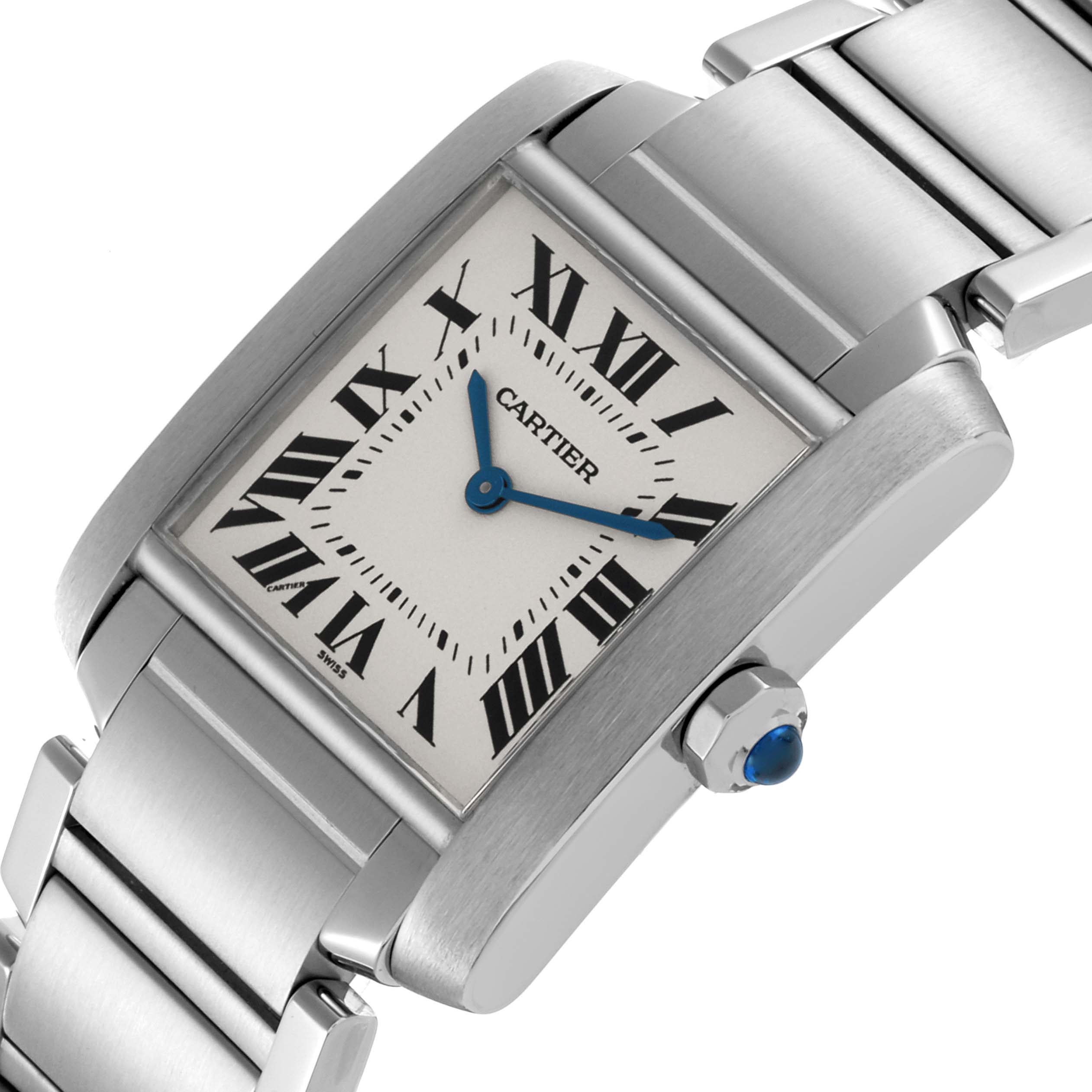 The image shows a Cartier Tank Francaise W51003Q3 Women's Stainless Steel White Dial W51003Q3 Women's Stainless Steel White Dial watch at an angle, highlighting its face, bezel, crown, and part of the bracelet.