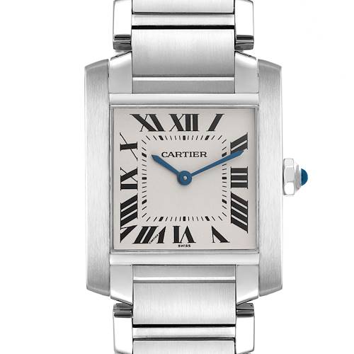 The Cartier Tank Francaise watch is shown from a front angle, highlighting the face, bezel, and part of the bracelet.