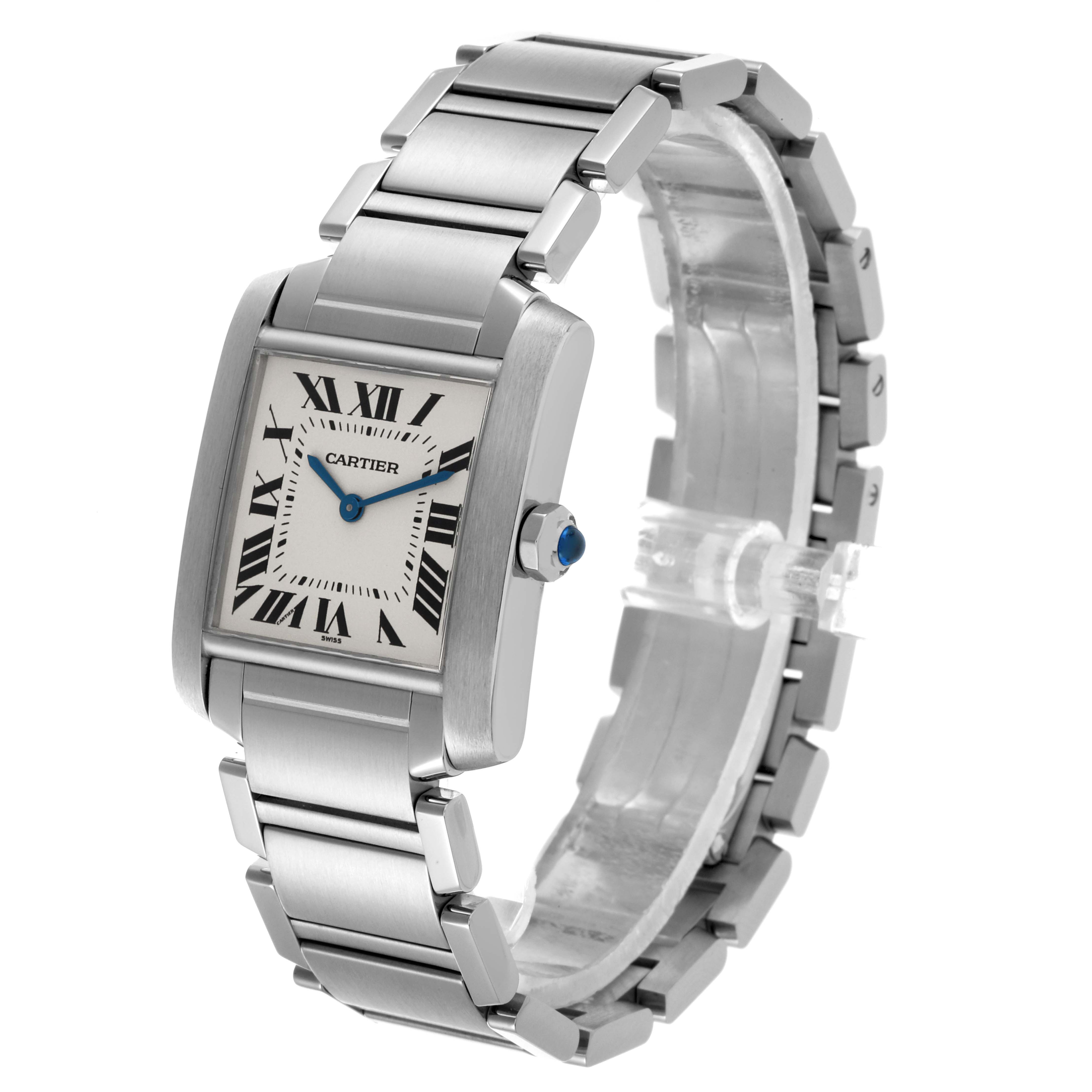 The Cartier Tank Francaise W51003Q3 Women's Stainless Steel White Dial W51003Q3 Women's Stainless Steel White Dial watch is shown from a three-quarter angle, displaying the face, bracelet, and crown.