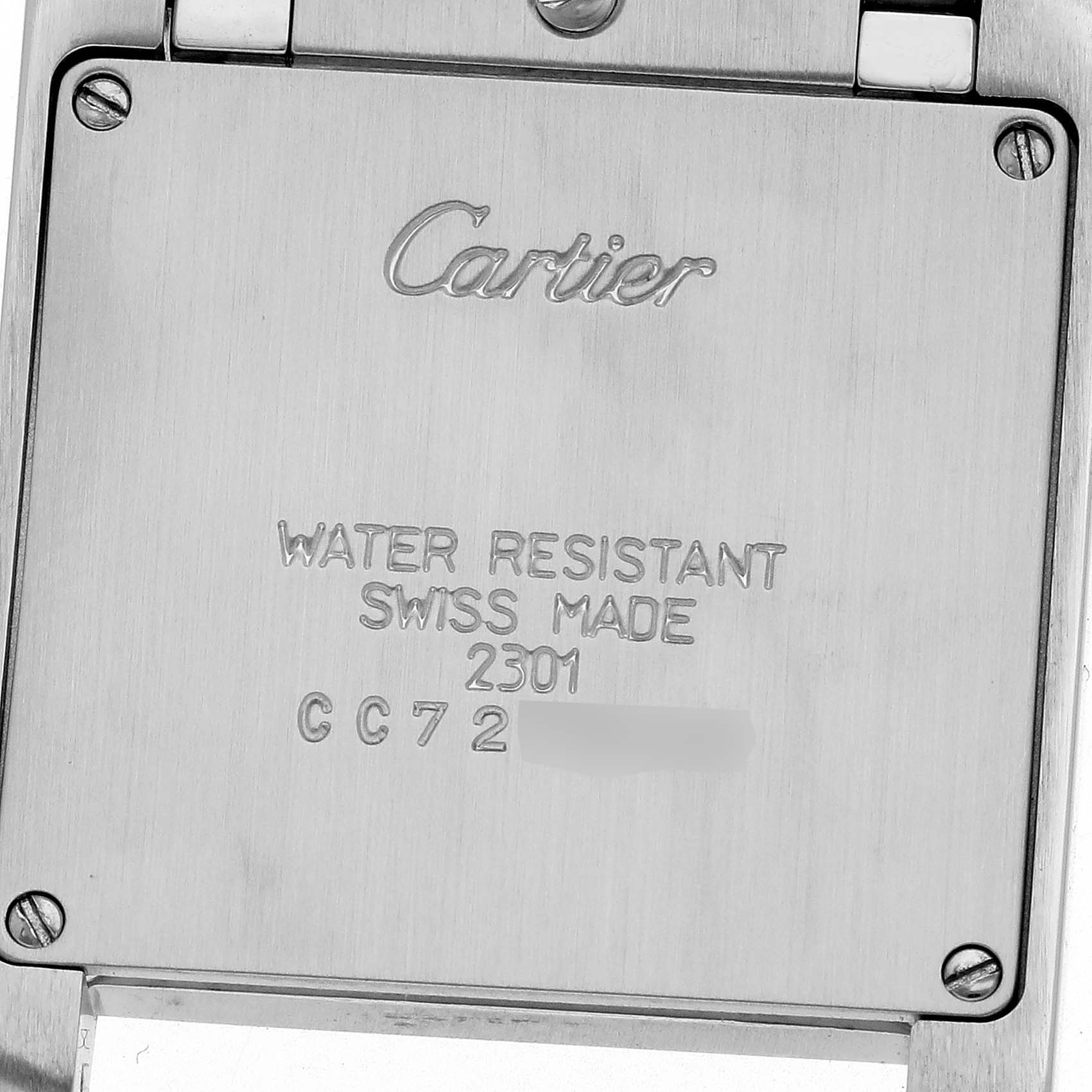 The image shows the back case of a Cartier Tank Française watch, highlighting branding and specifications.