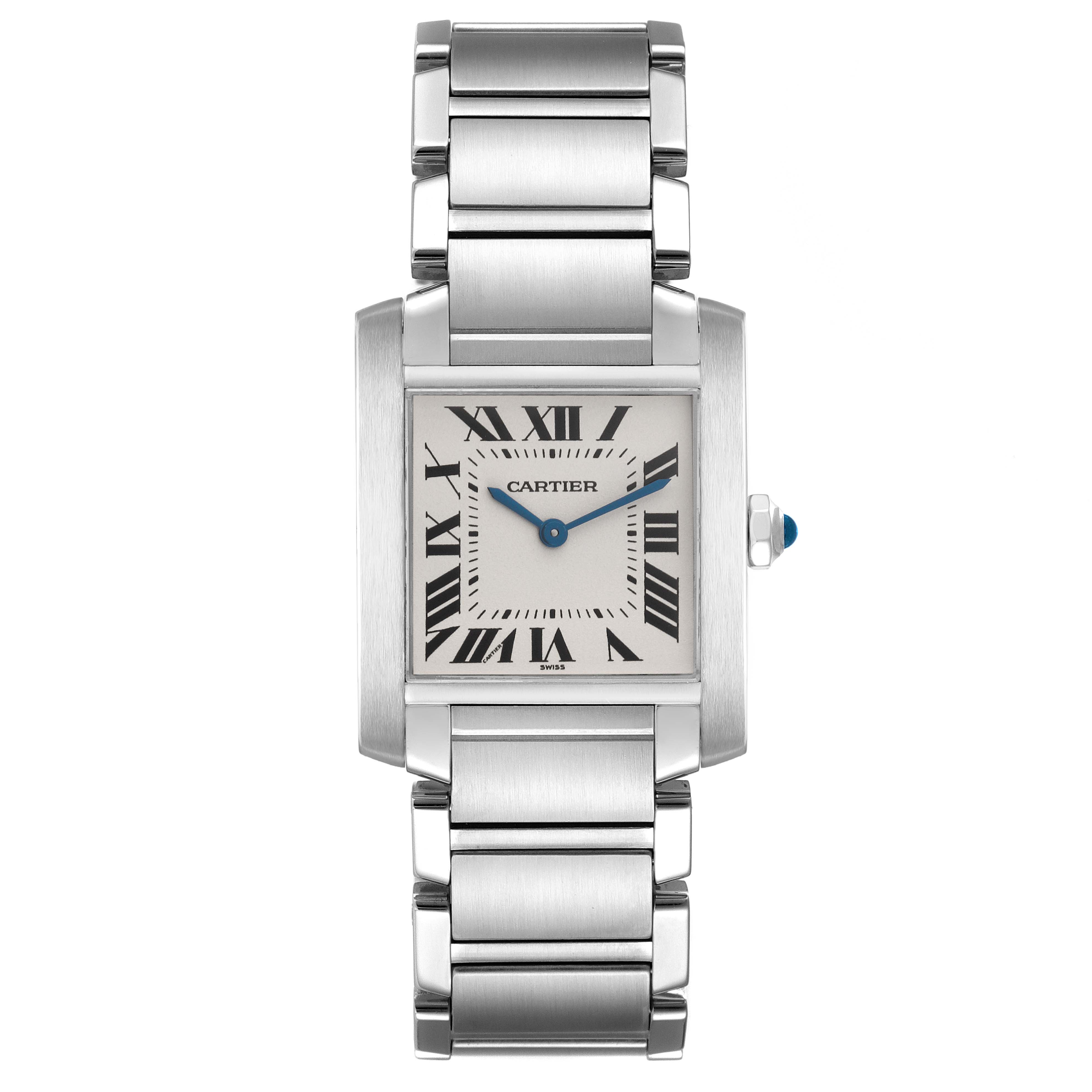 The Cartier Tank Française watch is shown from a front angle, displaying its face, Roman numerals, and bracelet.