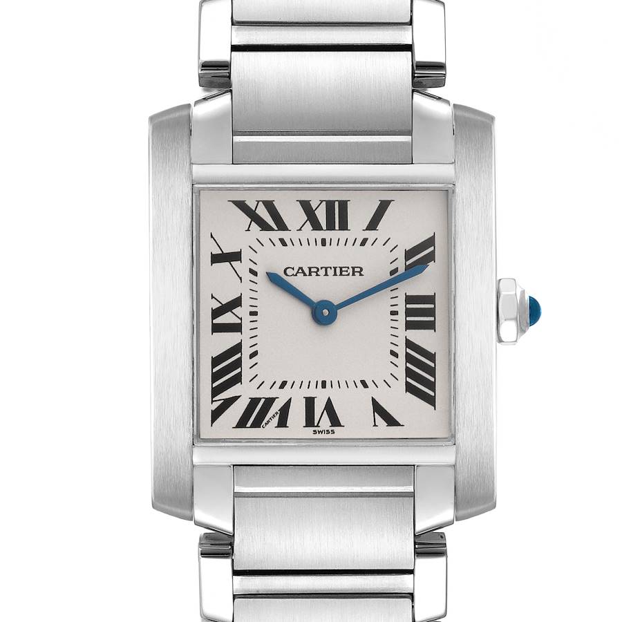 The Cartier Tank Française watch is shown from a front angle, highlighting its face, roman numerals, and stainless steel bracelet.