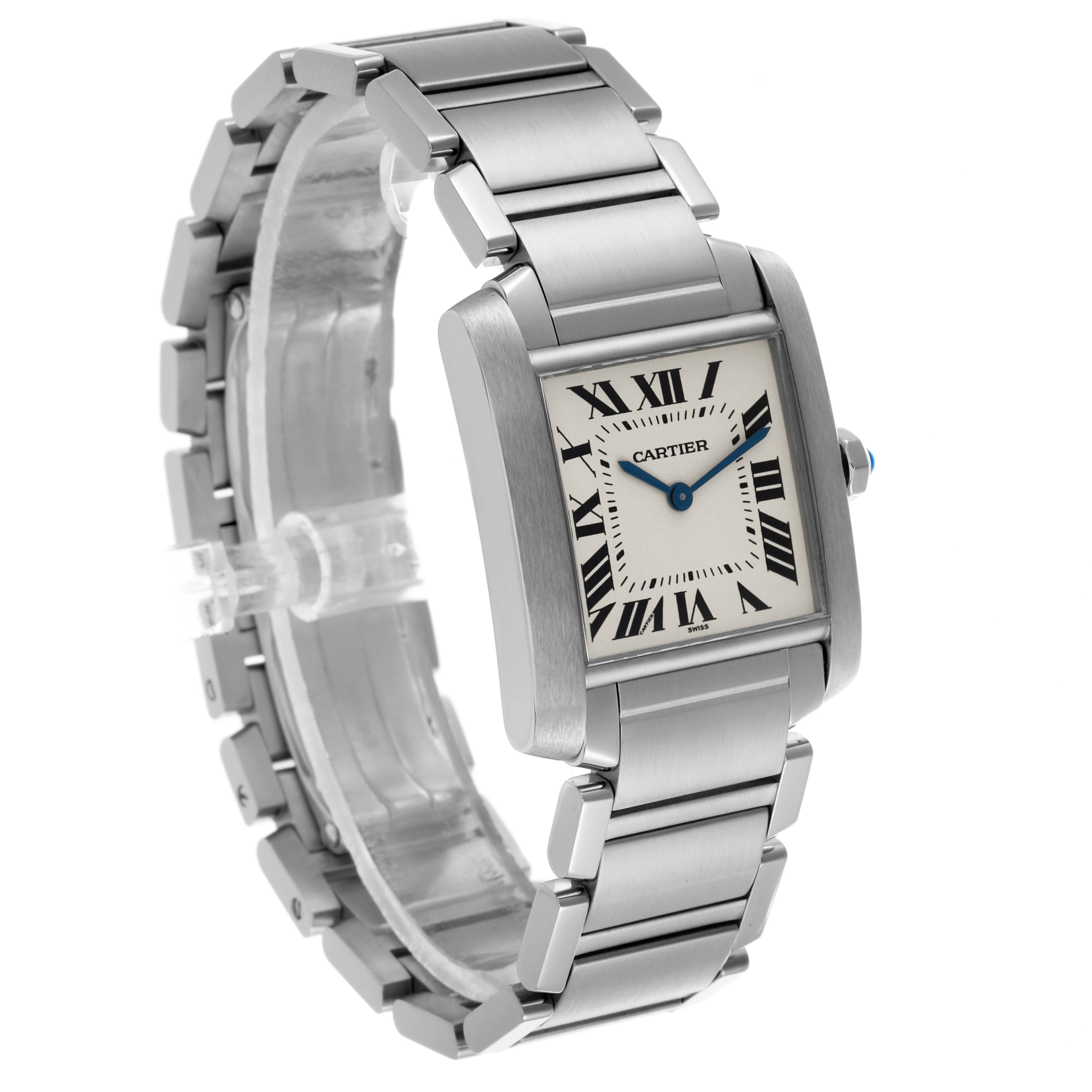 The Cartier Tank Française watch is shown at an oblique angle, highlighting the rectangular face, Roman numerals, and metal bracelet.