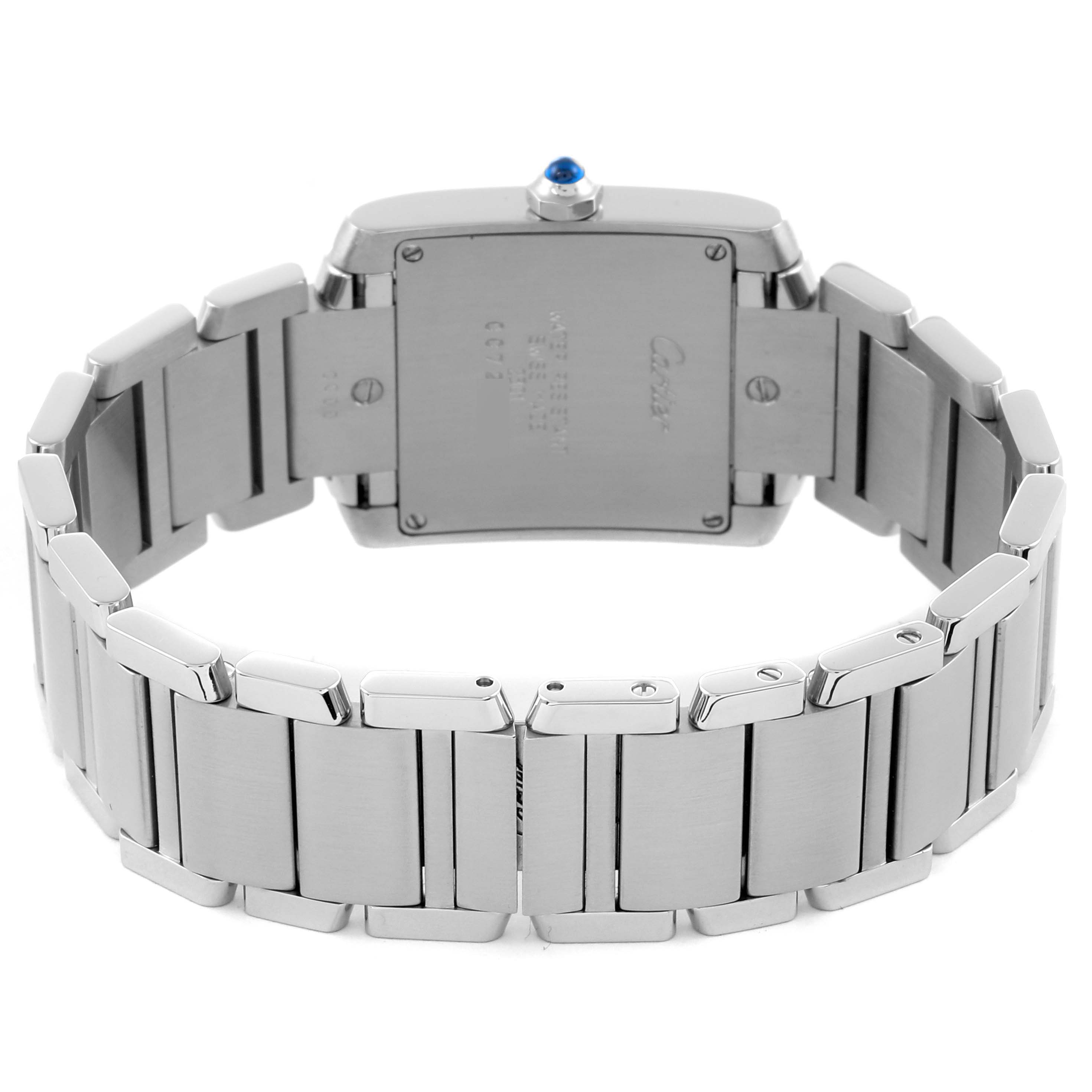 The image shows the back and bracelet of the Cartier Tank Française watch from a rear angle.