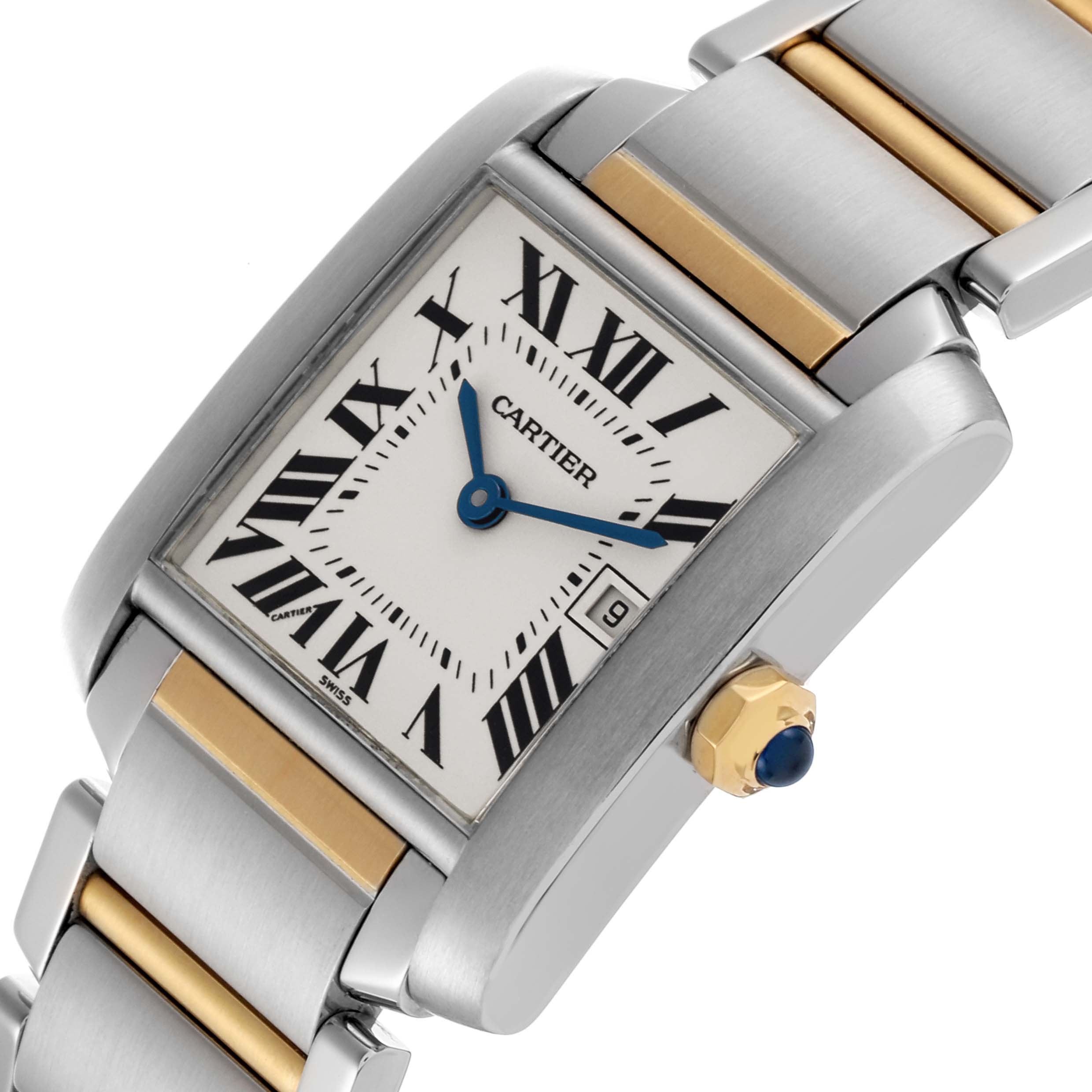 The Cartier Tank Francaise W51012Q4 Women's Steel and Gold (two tone) Silver Dial W51012Q4 Women's Steel and Gold (two tone) Silver Dial watch is shown at an angled view, highlighting the dial, crown, and two-tone metal bracelet.