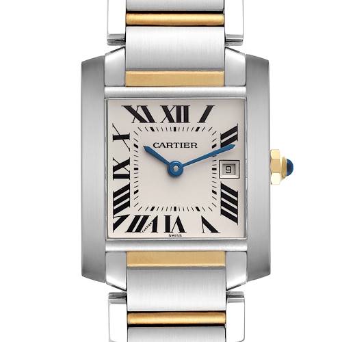 The image shows a Cartier Tank Francaise watch from the front, displaying the face, Roman numerals, hands, and part of the bracelet.