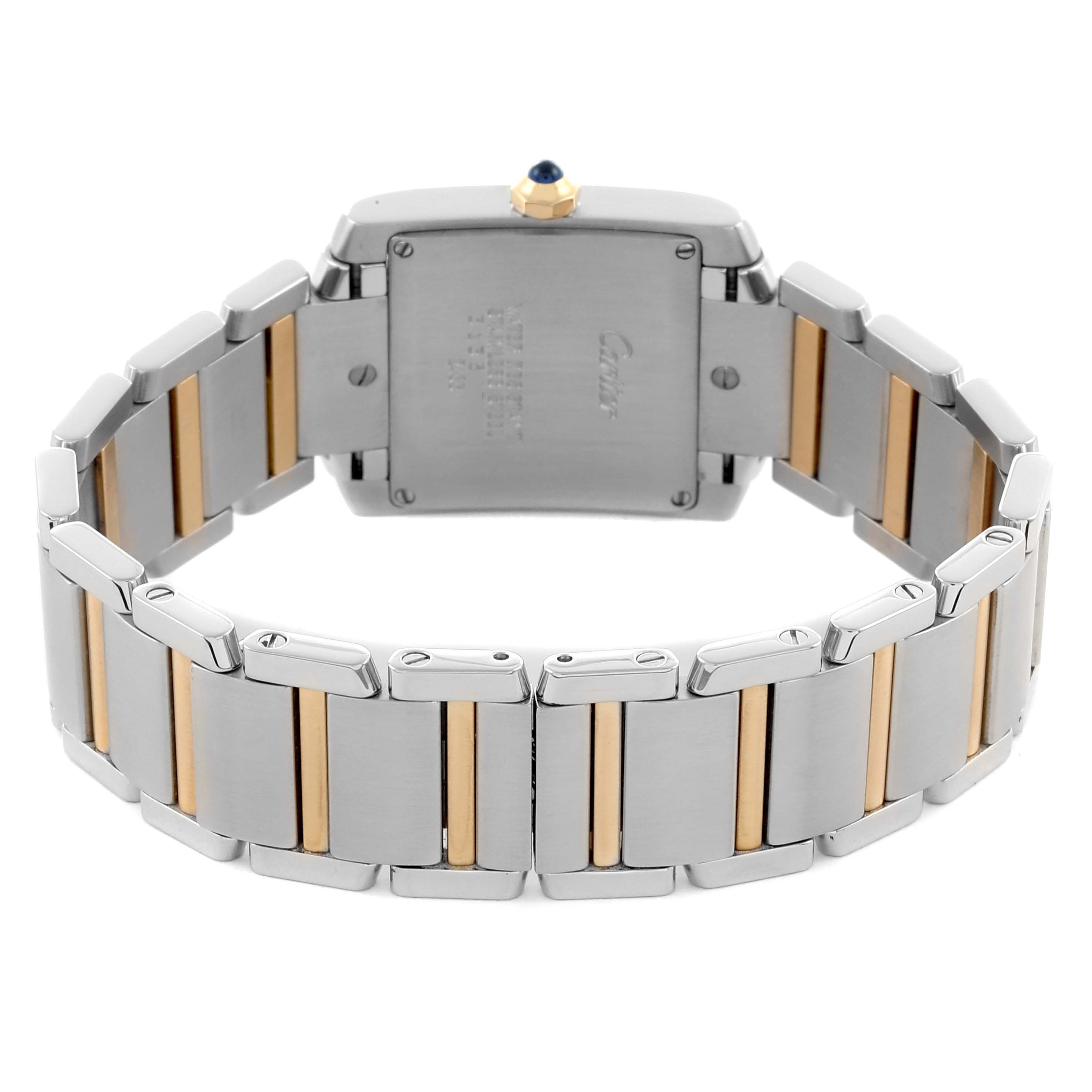 The Cartier Tank Francaise W51012Q4 Women's Steel and Gold (two tone) Silver Dial W51012Q4 Women's Steel and Gold (two tone) Silver Dial watch is shown from the back, highlighting the stainless steel and gold bracelet and caseback.