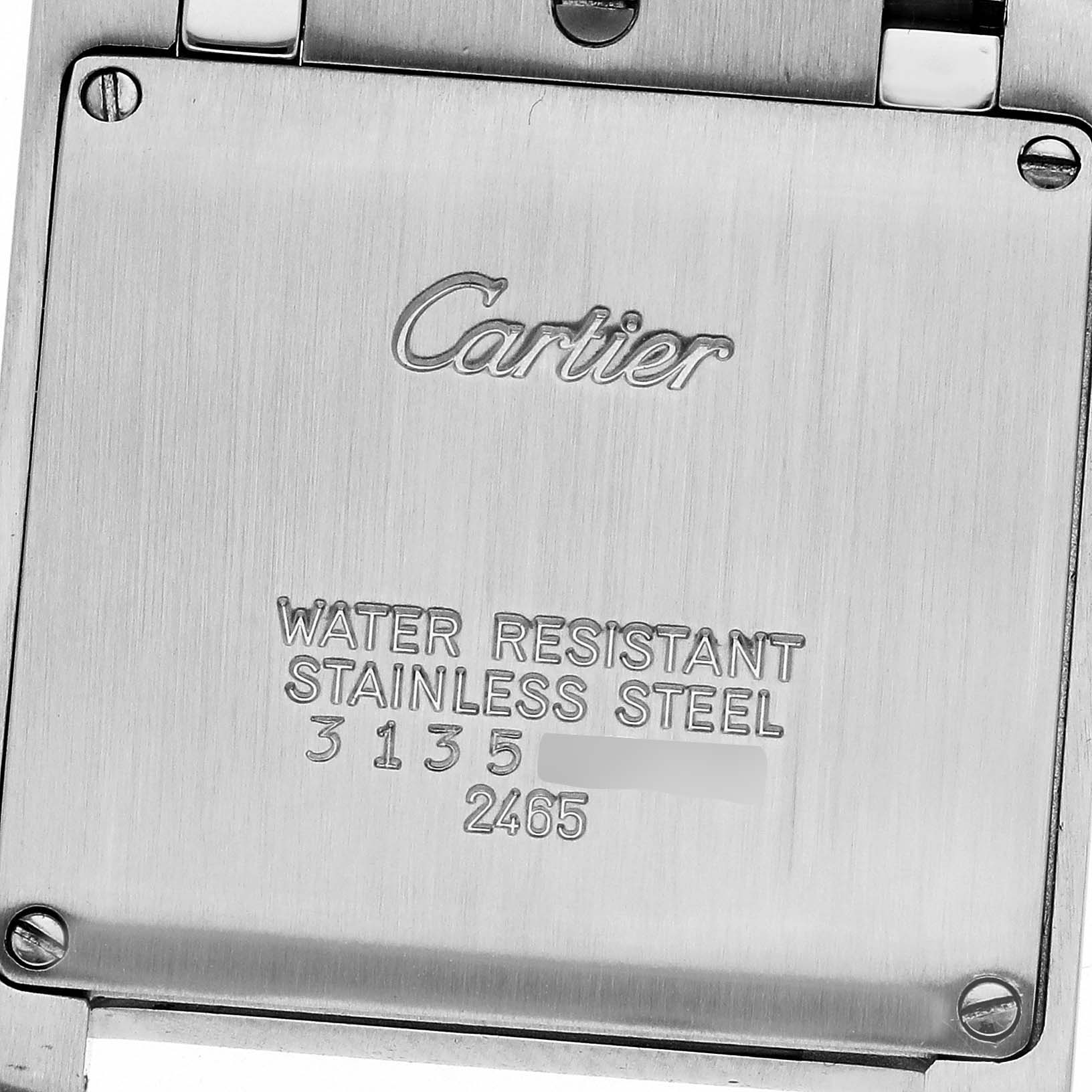 The image shows the back case of a Cartier Tank Française watch, highlighting the brand and model details.