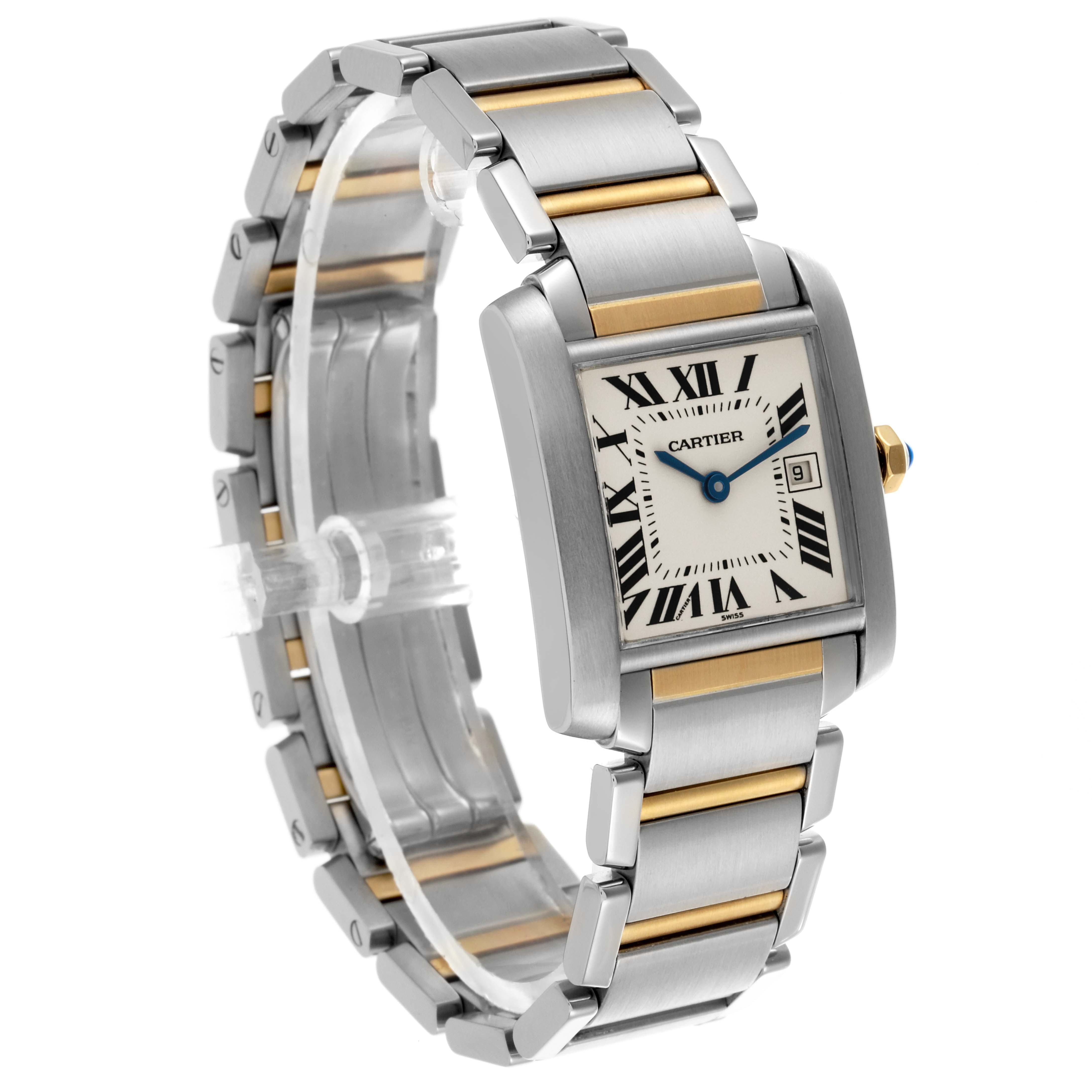 The Cartier Tank Francaise W51012Q4 Women's Steel and Gold (two tone) Silver Dial W51012Q4 Women's Steel and Gold (two tone) Silver Dial watch is shown at a three-quarter angle, highlighting the face, bezel, bracelet, and crown.