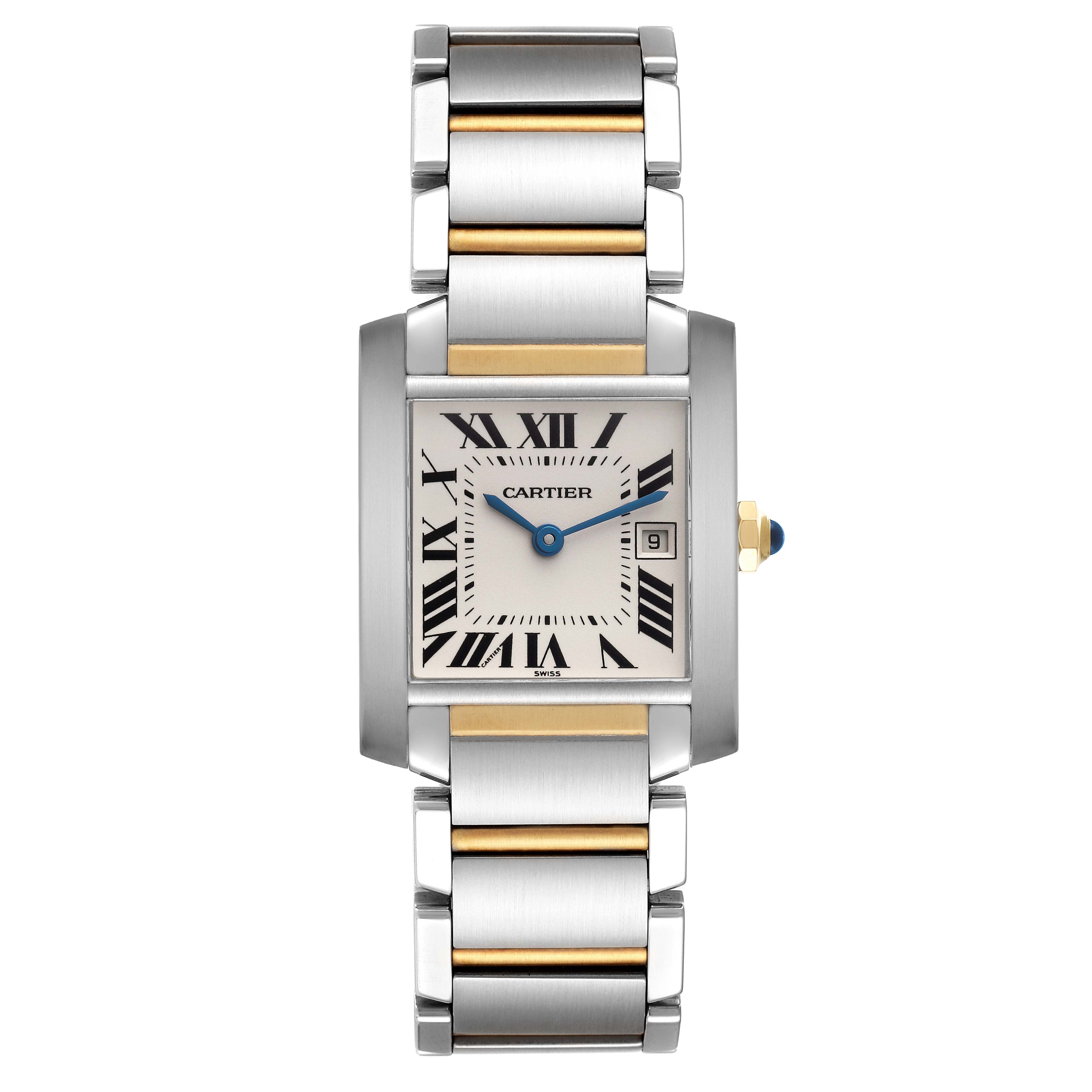 The Cartier Tank Francaise W51012Q4 Women's Steel and Gold (two tone) Silver Dial W51012Q4 Women's Steel and Gold (two tone) Silver Dial watch is shown head-on, featuring the face, bracelet, and crown.