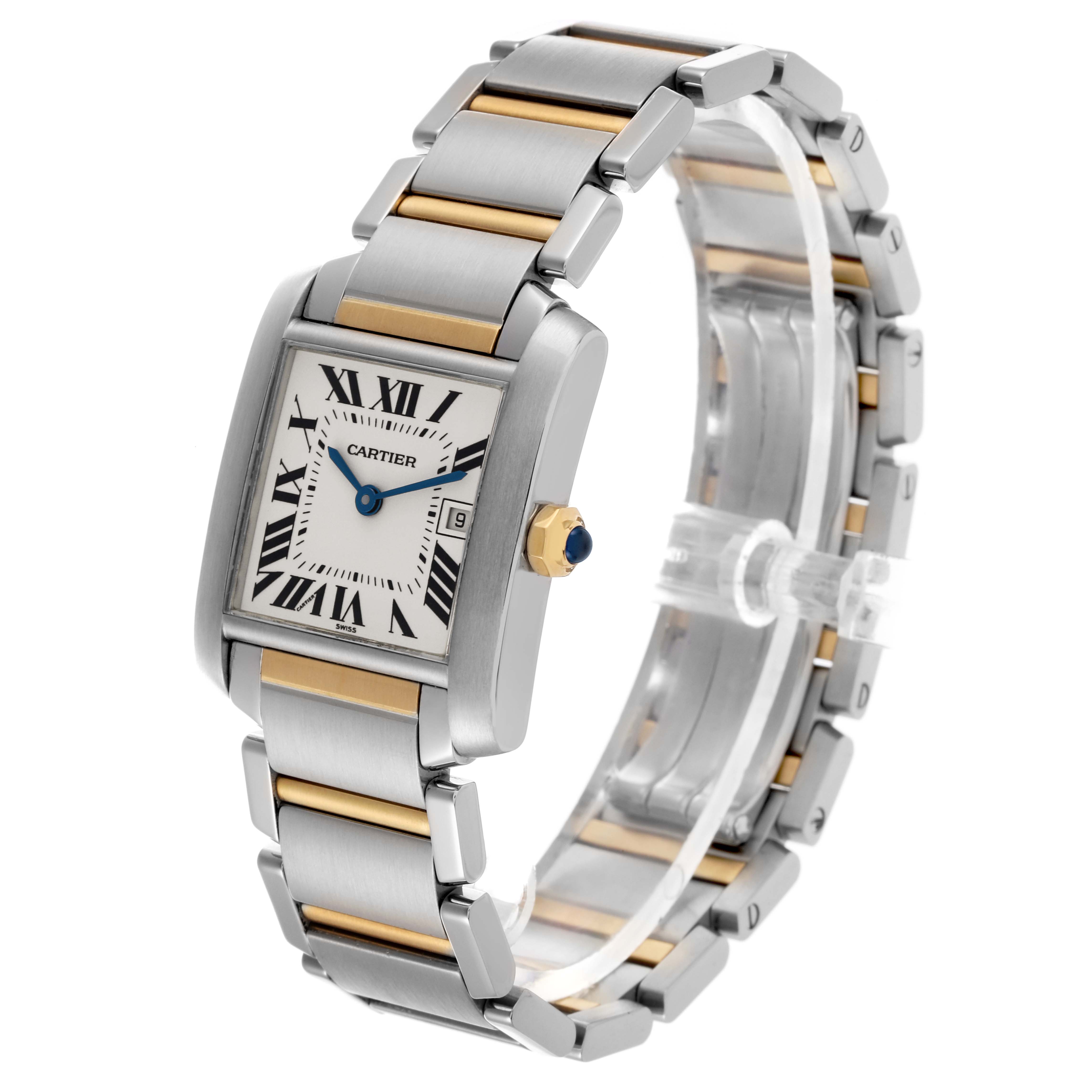 The Cartier Tank Française watch is shown at a three-quarter angle, highlighting the face, crown, and part of the bracelet.