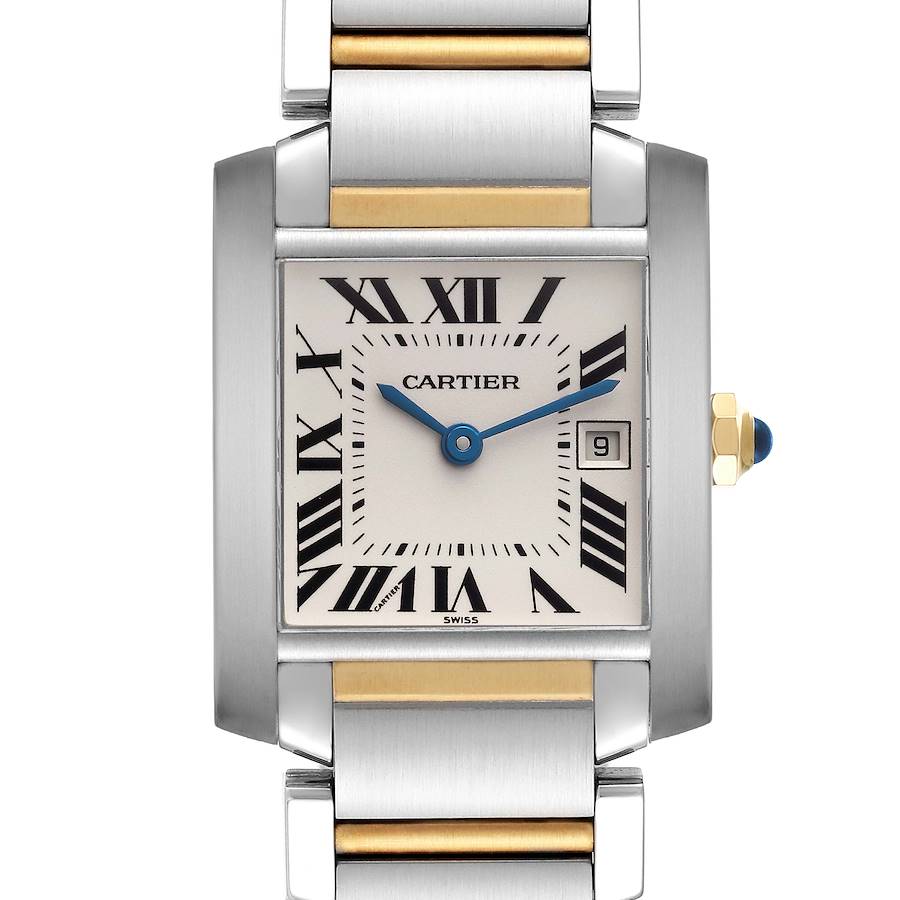 The Cartier Tank Française watch is shown from the front, highlighting the dial, Roman numerals, hands, and part of the bracelet.