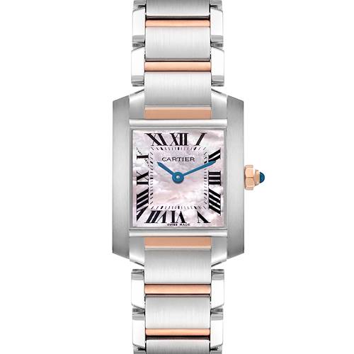 The Cartier Tank Française watch is shown from the front, highlighting its square face, Roman numerals, and metal bracelet.