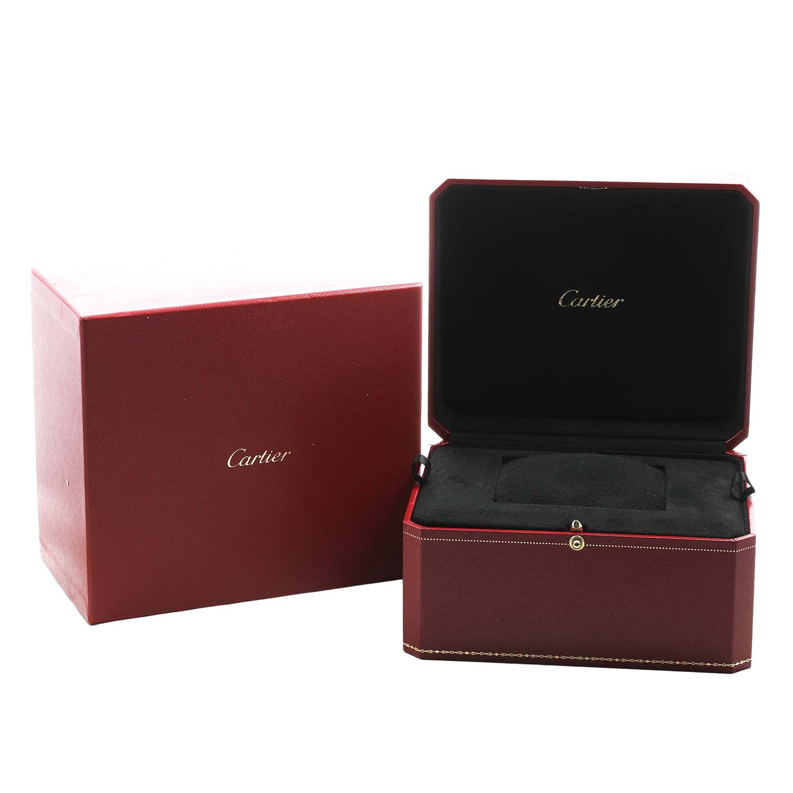 The image shows a Cartier Tortue WA504351 Men's White Gold Silver Dial watch box, open and closed, in a luxurious red and black design.