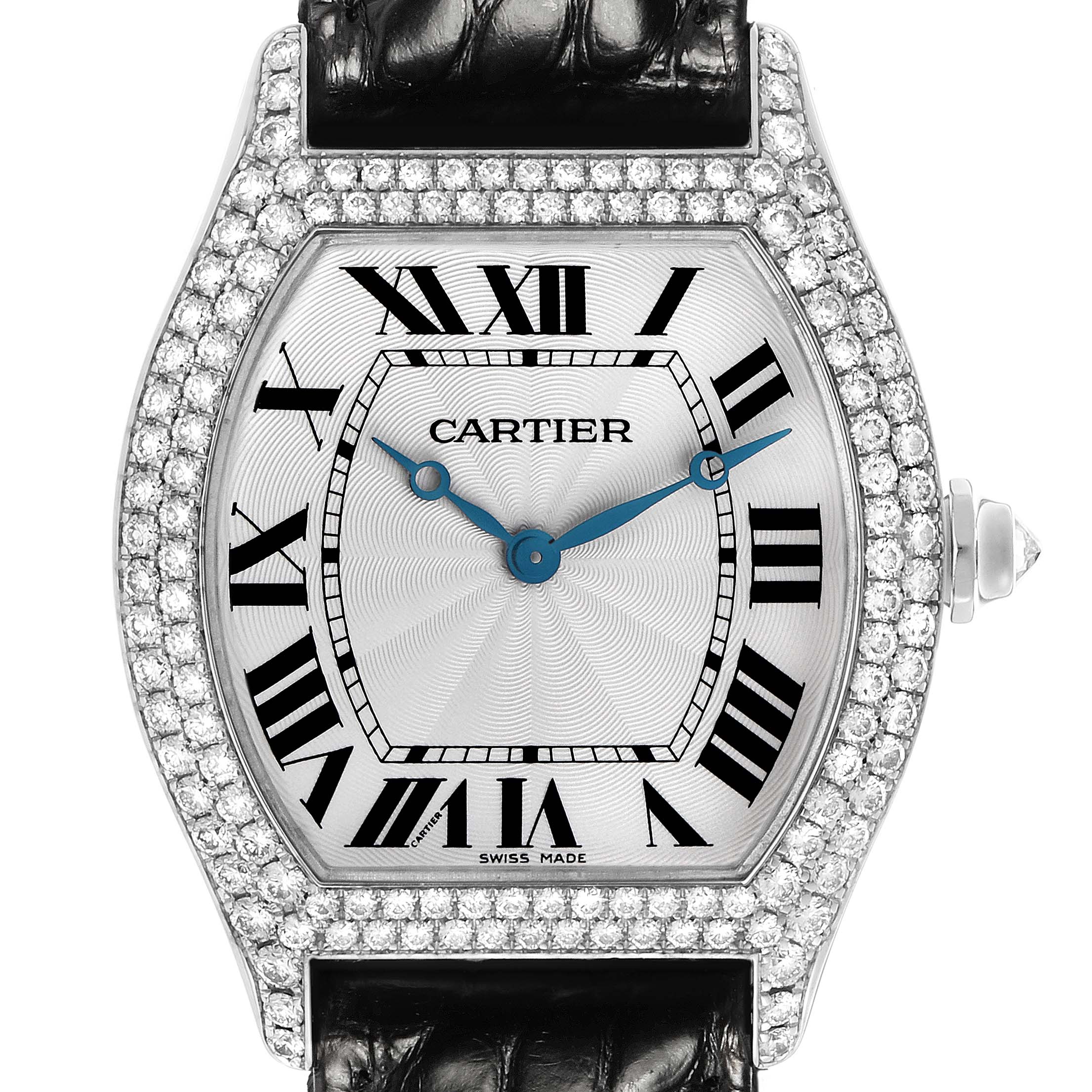 The Cartier Tortue WA504351 Men's White Gold Silver Dial watch is shown from the front, displaying its dial, Roman numerals, blued hands, and diamond-encrusted bezel.
