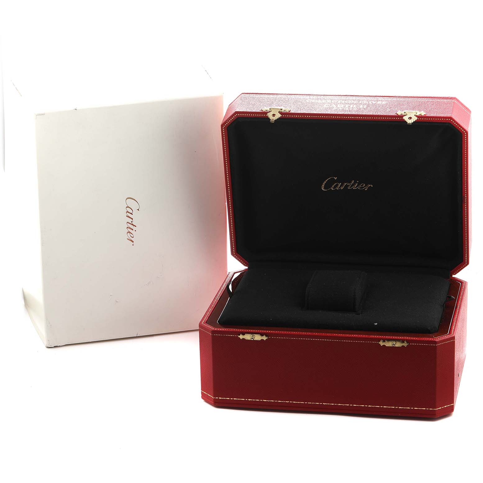 The image shows a Cartier Tortue WA504351 Men's White Gold Silver Dial watch box at an angle, revealing the red case and inner black lining.