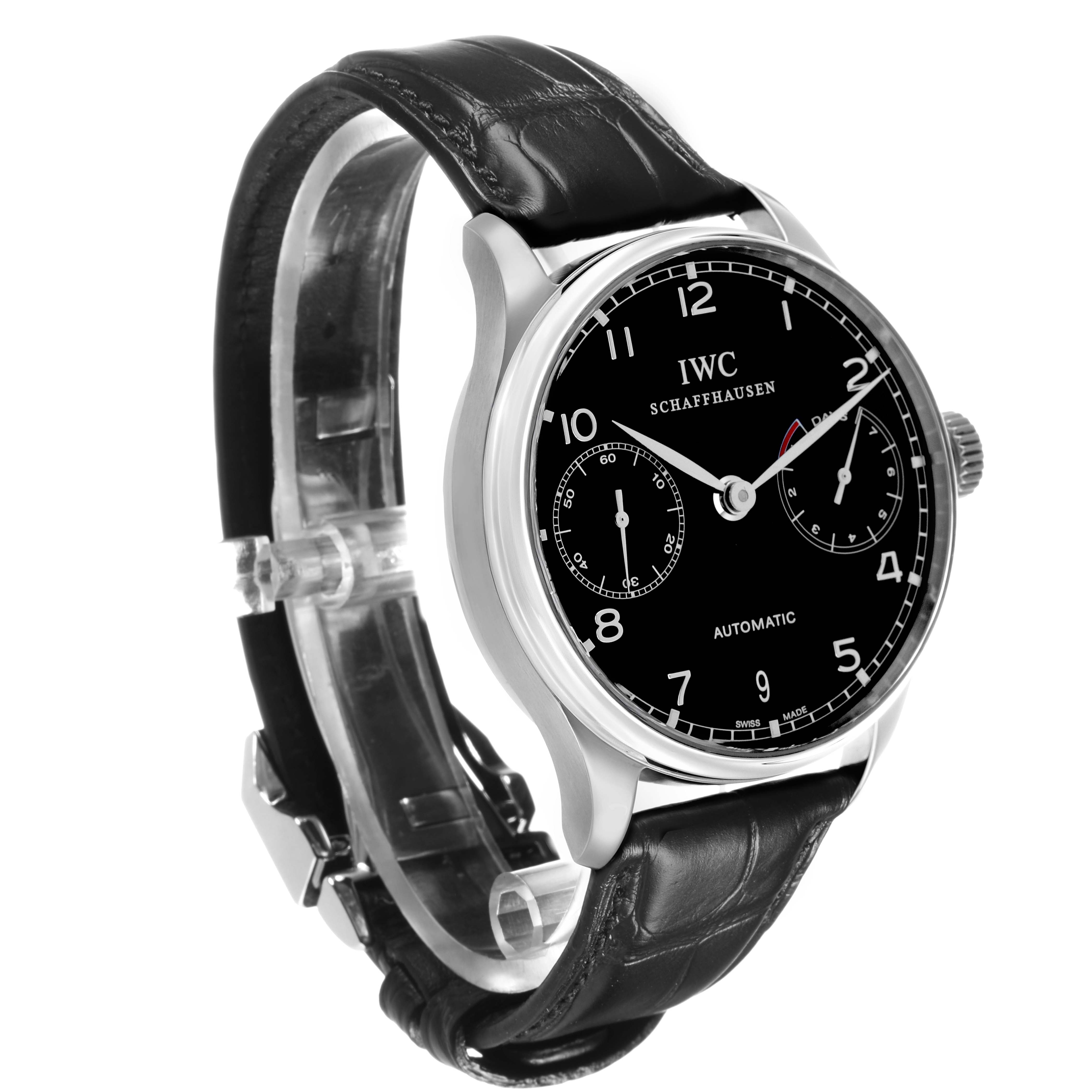The IWC Portuguese IW500703 Men's Stainless Steel Black Dial watch is shown at a three-quarter angle, highlighting the black dial, side case, crown, and black leather strap.