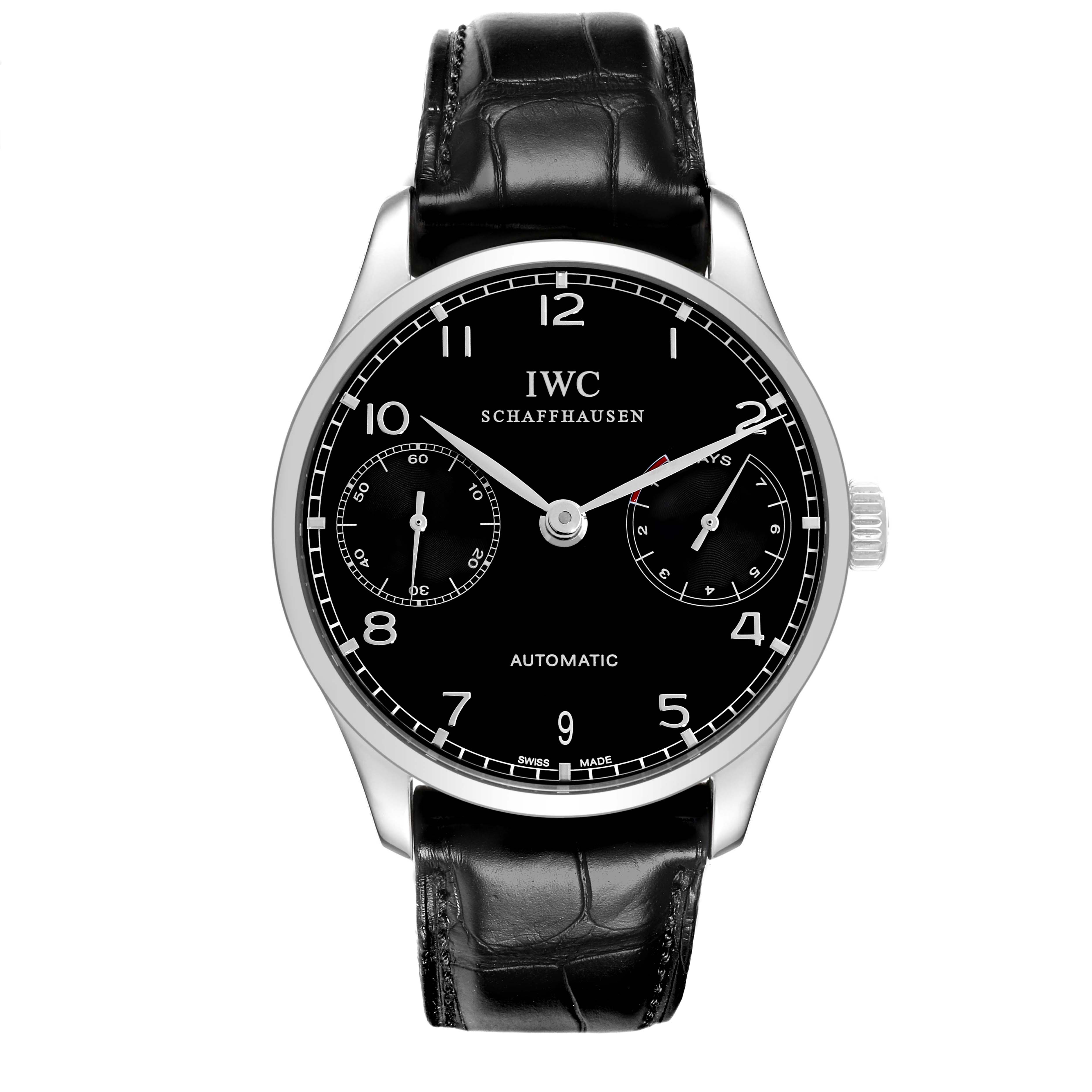 The IWC Portuguese IW500703 Men's Stainless Steel Black Dial watch is shown from a front angle, displaying its black dial, leather strap, and side crown.