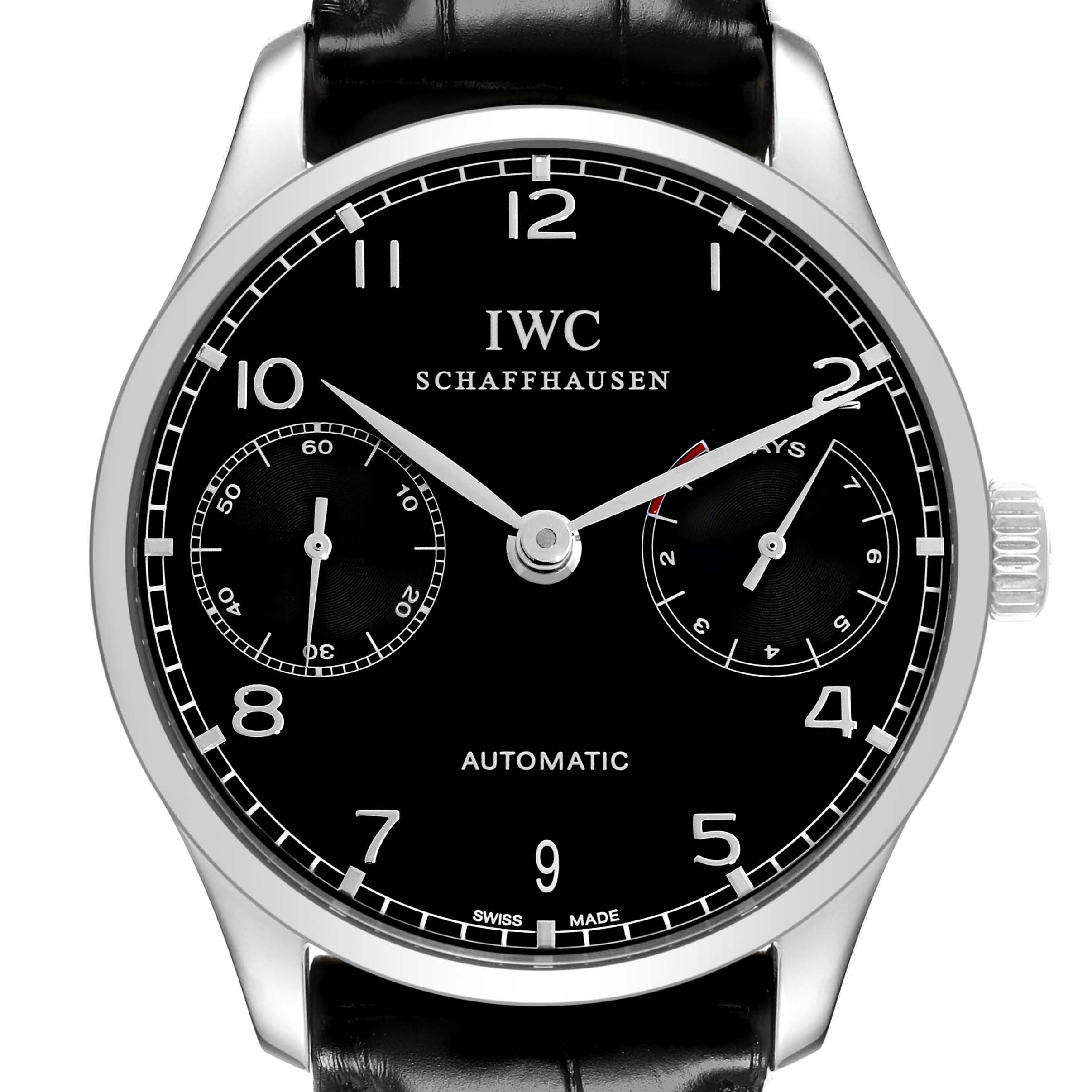 The IWC Portuguese IW500703 Men's Stainless Steel Black Dial watch is shown from the front, displaying the dial, hands, subdials, and crown.