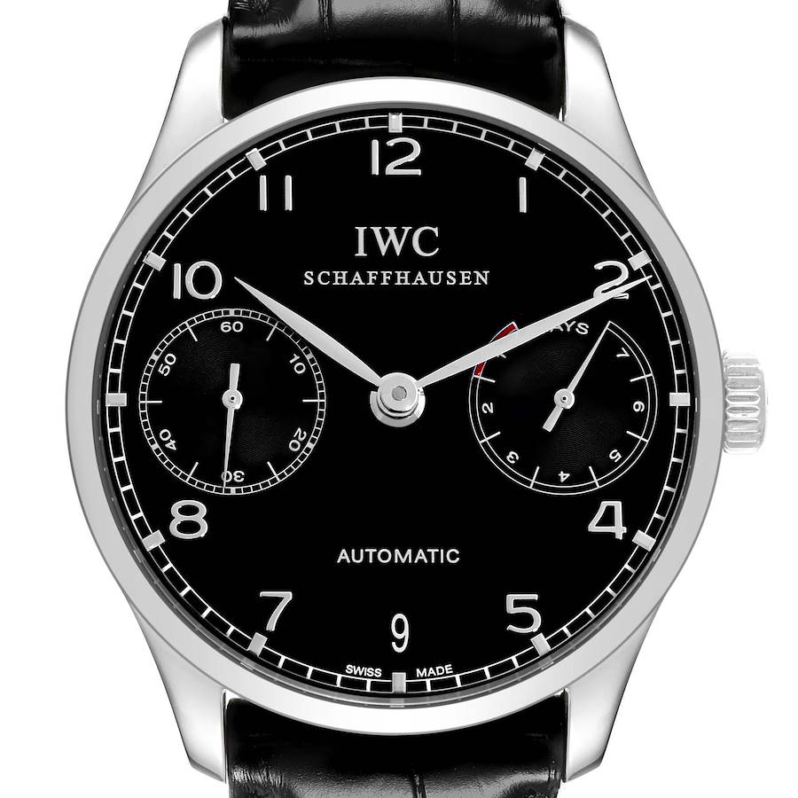 The IWC Portuguese IW500703 Men's Stainless Steel Black Dial watch is shown from the front, displaying the dial, hands, subdials, and crown.