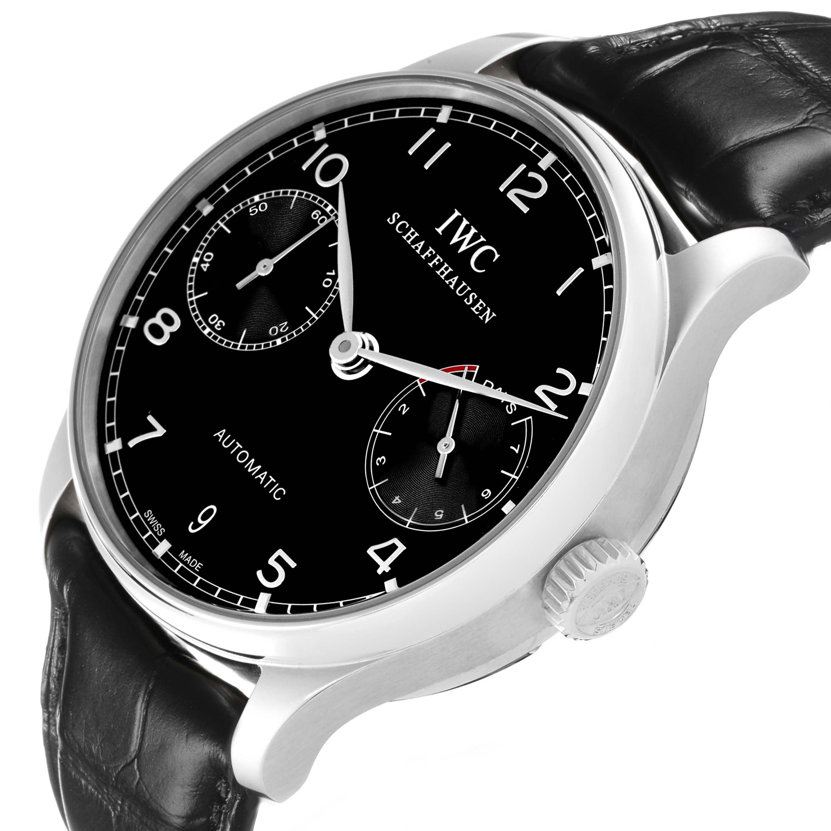The IWC Portuguese IW500703 Men's Stainless Steel Black Dial watch is shown at a slight side angle, displaying the face, crown, and part of the leather strap.