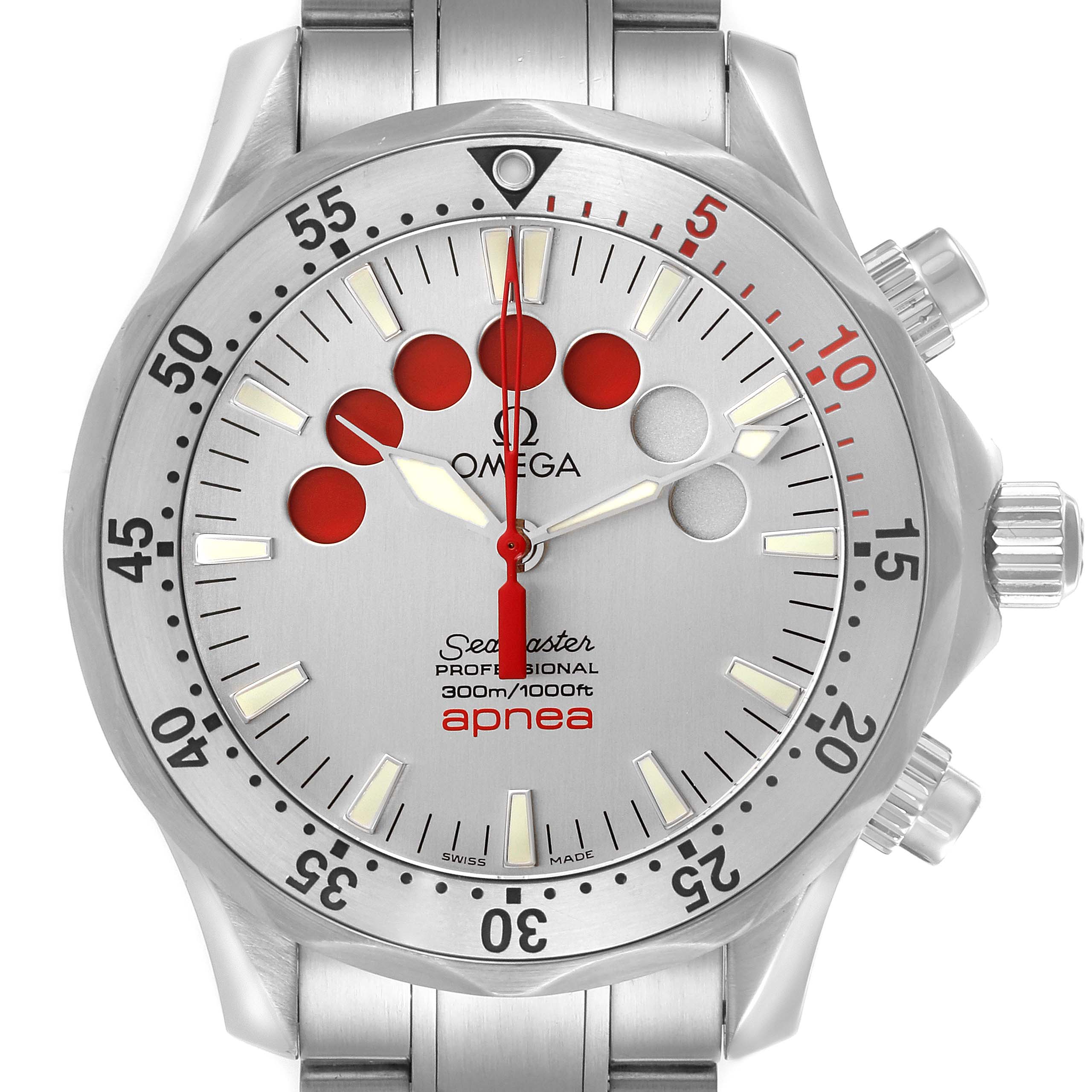 The Omega Seamaster 2595.30.00 Men
s Stainless Steel Silver Dial 2595.30.00 Men
s Stainless Steel Silver Dial watch is shown from a front angle, displaying its bezel, dial, and pushers clearly.