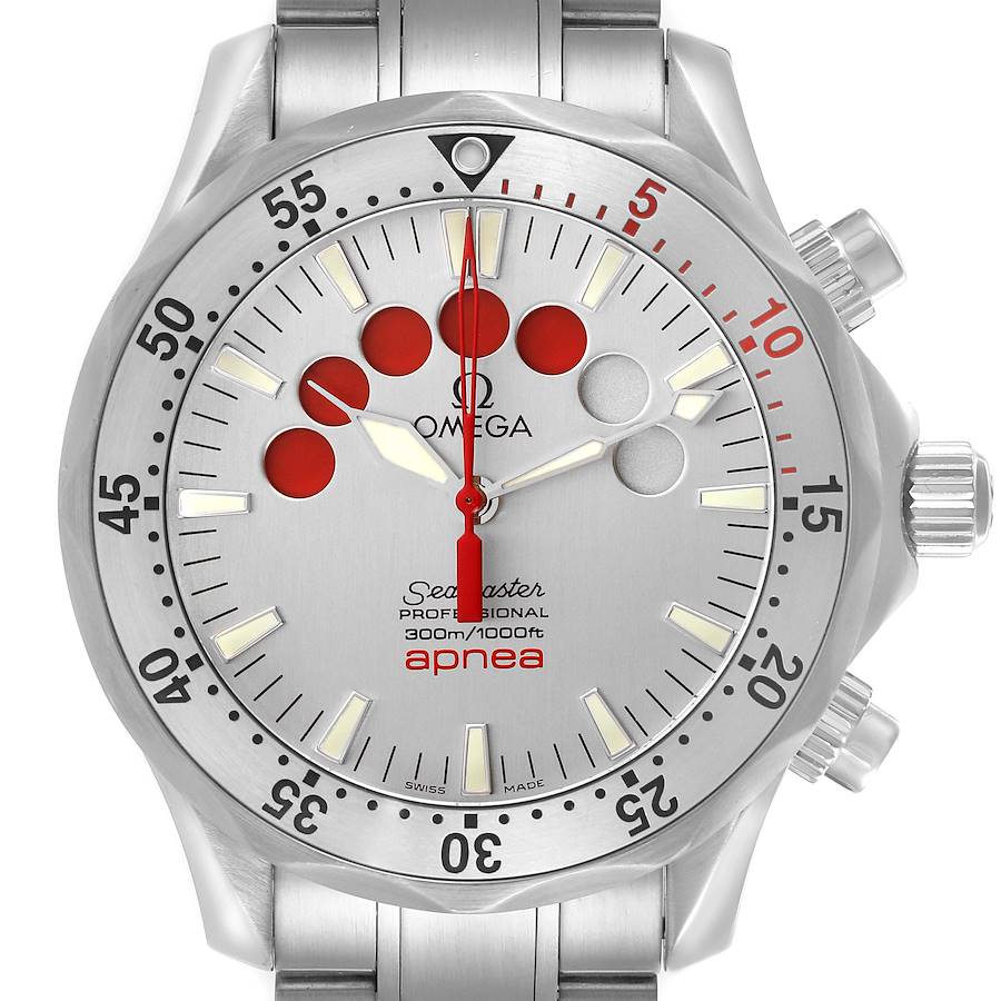 The Omega Seamaster watch is shown from a front angle, displaying its bezel, dial, and pushers clearly.