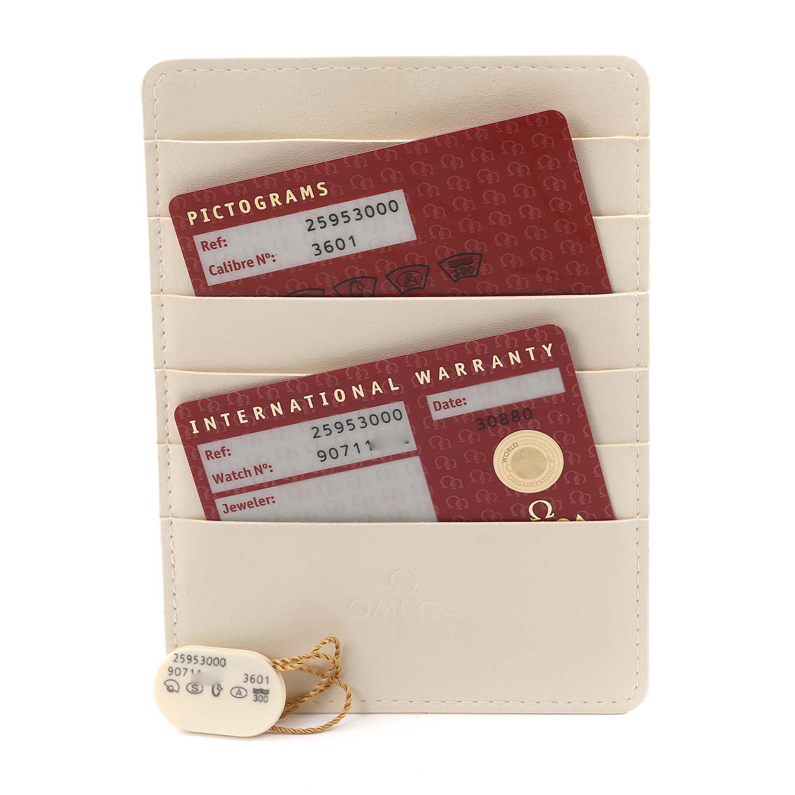 The image shows the Omega Seamaster 2595.30.00 Men
s Stainless Steel Silver Dial 2595.30.00 Men
s Stainless Steel Silver Dial
s cardholder with warranty and pictogram cards, plus a tag with model details.