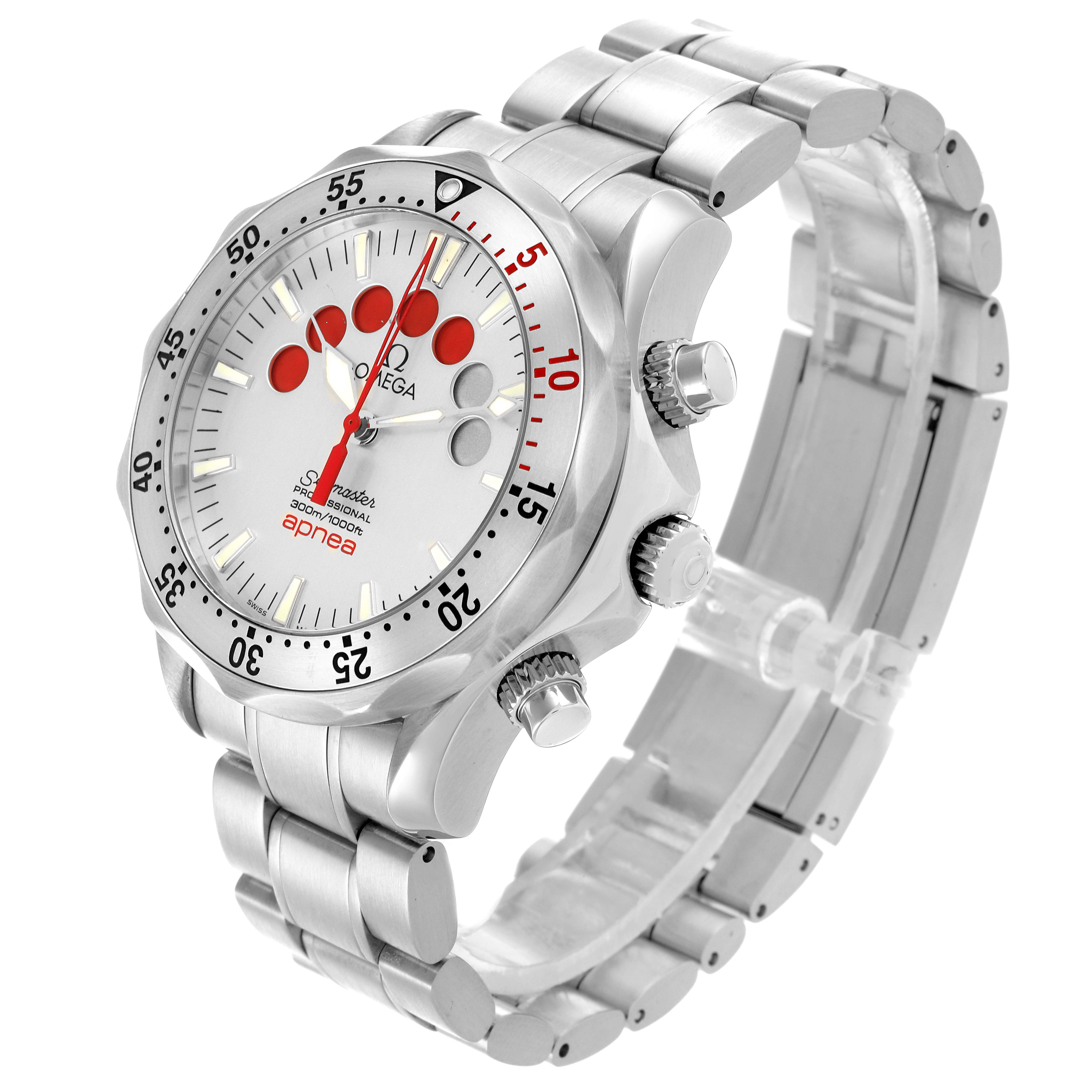 The Omega Seamaster 2595.30.00 Men
s Stainless Steel Silver Dial 2595.30.00 Men
s Stainless Steel Silver Dial watch is shown at a three-quarter angle, highlighting the face, bezel, and metal bracelet.