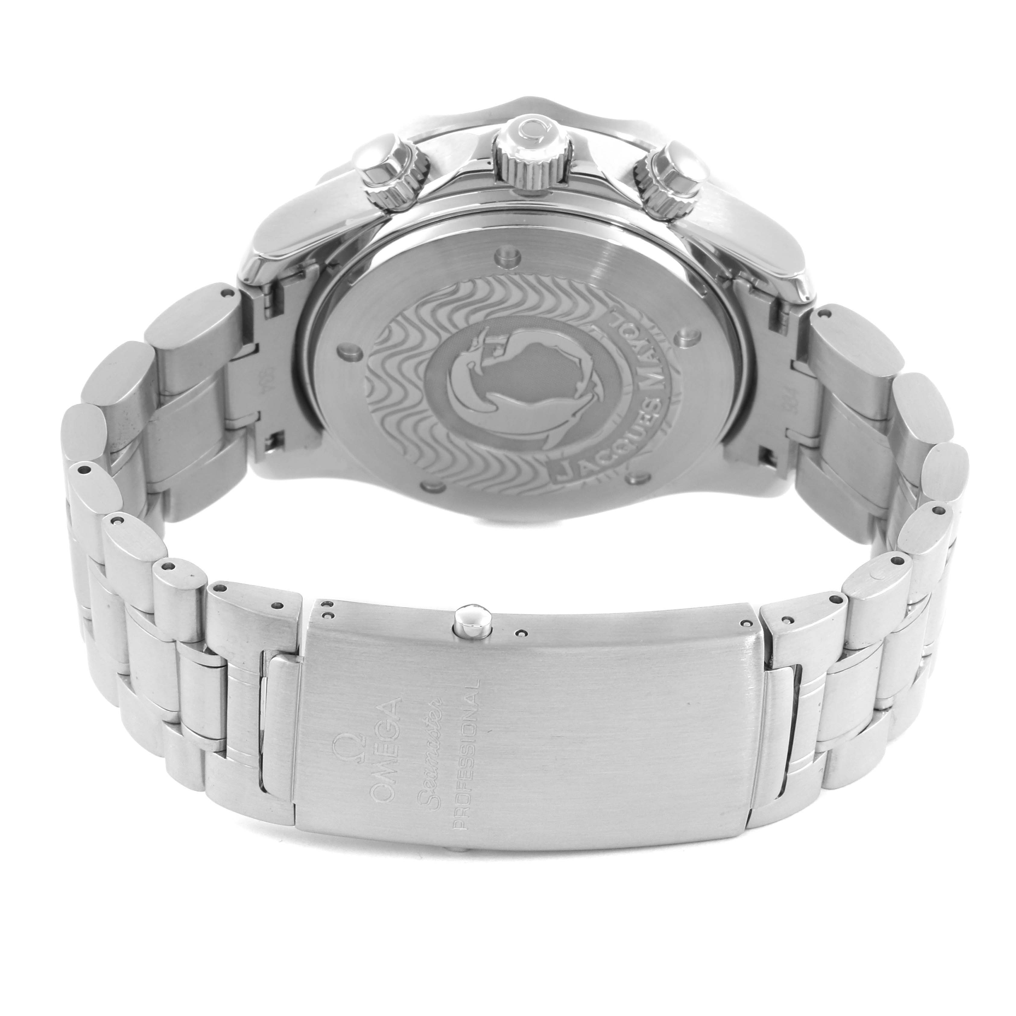 The image shows the back and clasp of an Omega Seamaster 2595.30.00 Men
s Stainless Steel Silver Dial 2595.30.00 Men
s Stainless Steel Silver Dial watch, highlighting the case back and bracelet details.