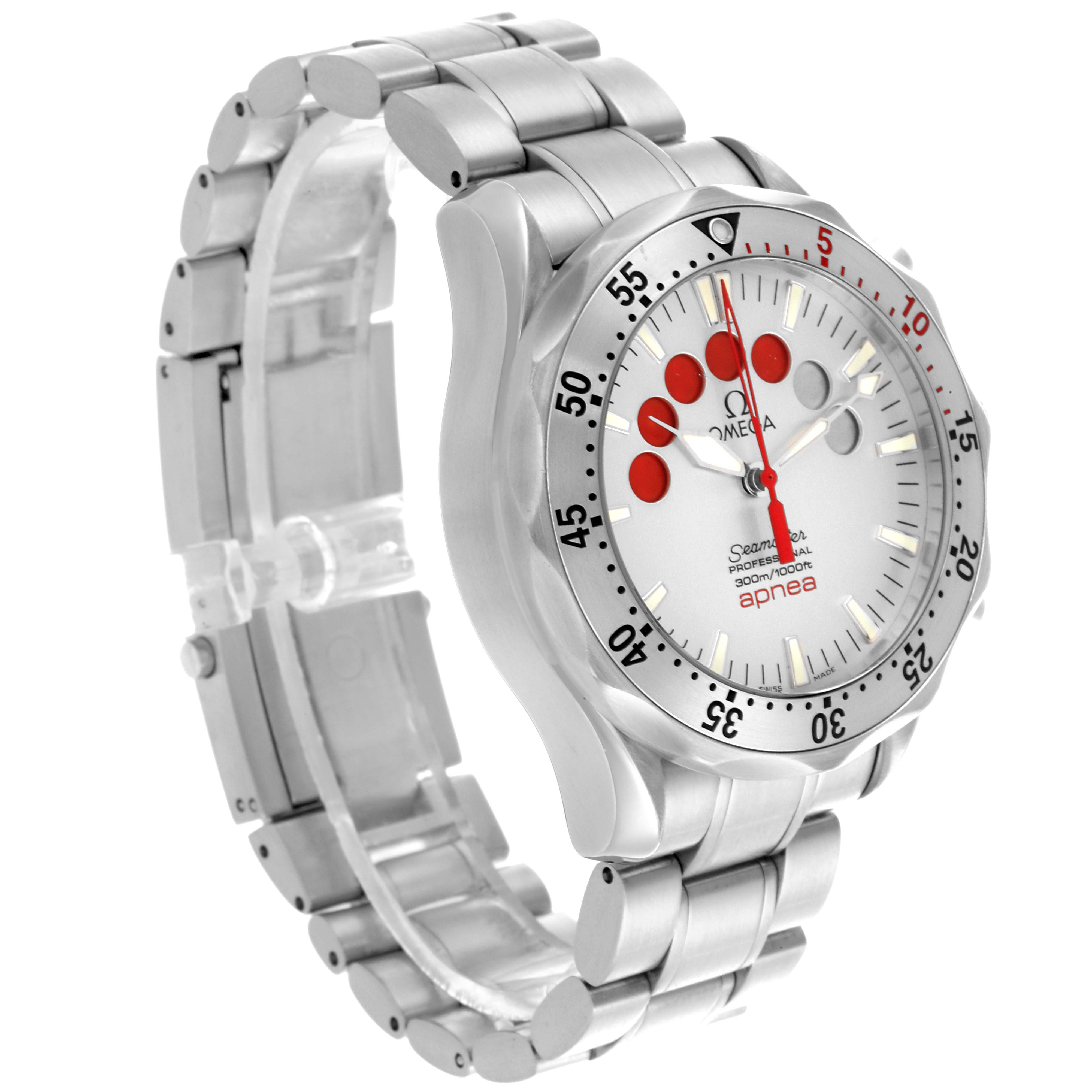 The Omega Seamaster 2595.30.00 Men
s Stainless Steel Silver Dial 2595.30.00 Men
s Stainless Steel Silver Dial watch is shown from a three-quarter angle, highlighting the face, bezel, and bracelet.