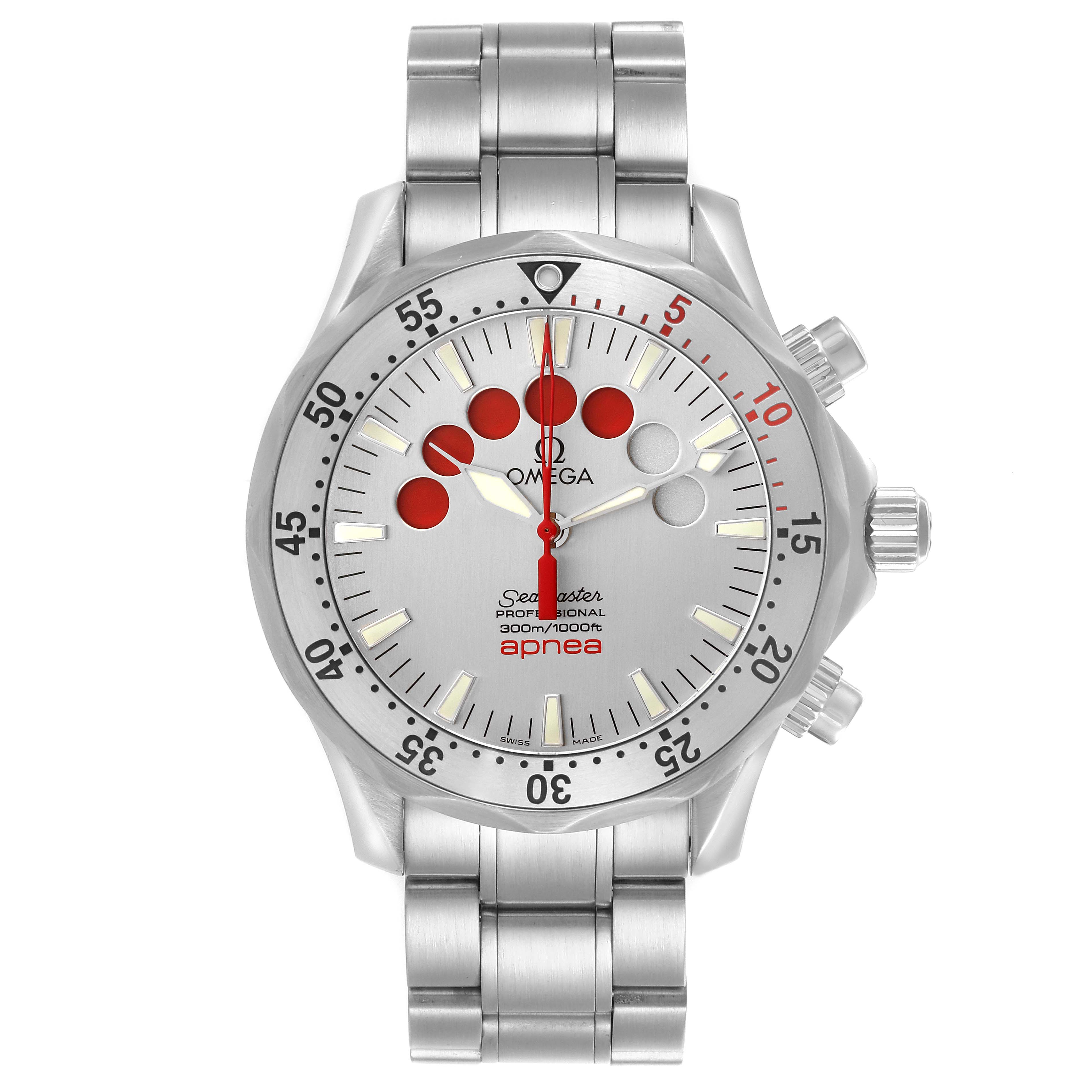 The Omega Seamaster 2595.30.00 Men
s Stainless Steel Silver Dial 2595.30.00 Men
s Stainless Steel Silver Dial watch is shown from a front angle, highlighting the dial, bezel, and stainless steel bracelet.