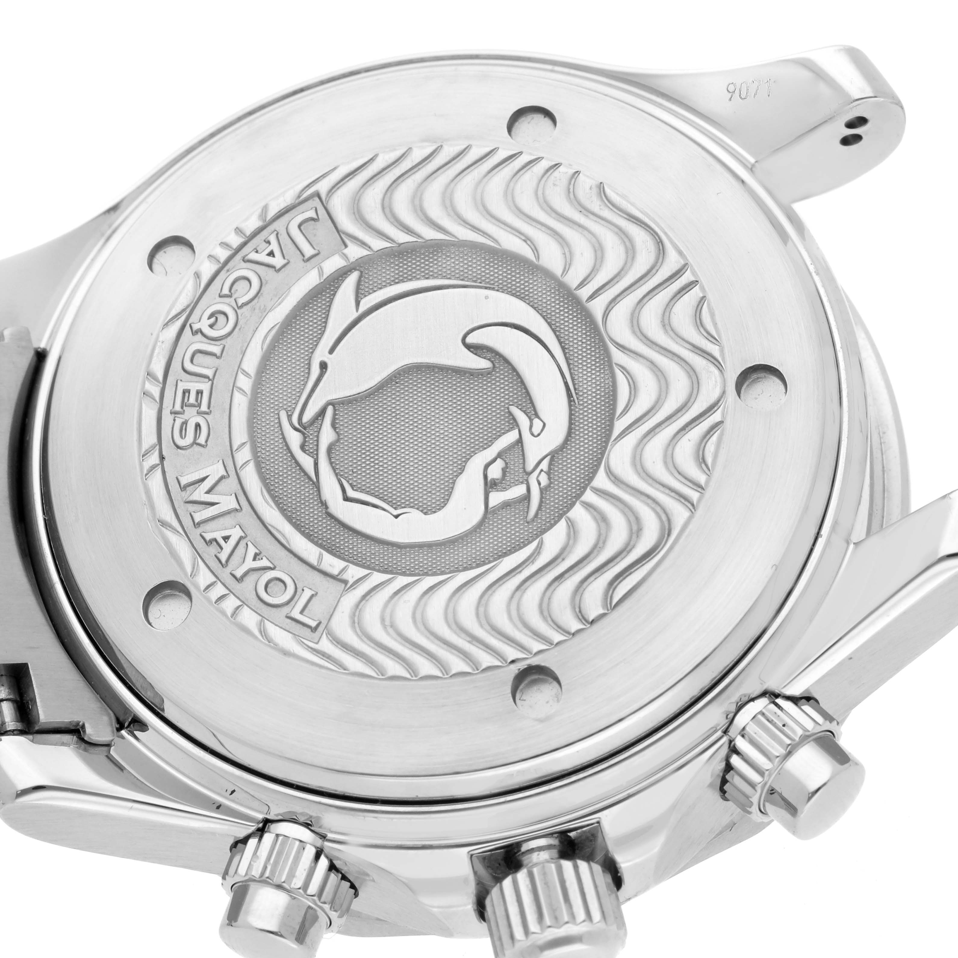 The image shows the back case of an Omega Seamaster 2595.30.00 Men
s Stainless Steel Silver Dial 2595.30.00 Men
s Stainless Steel Silver Dial watch featuring engravings and side buttons.