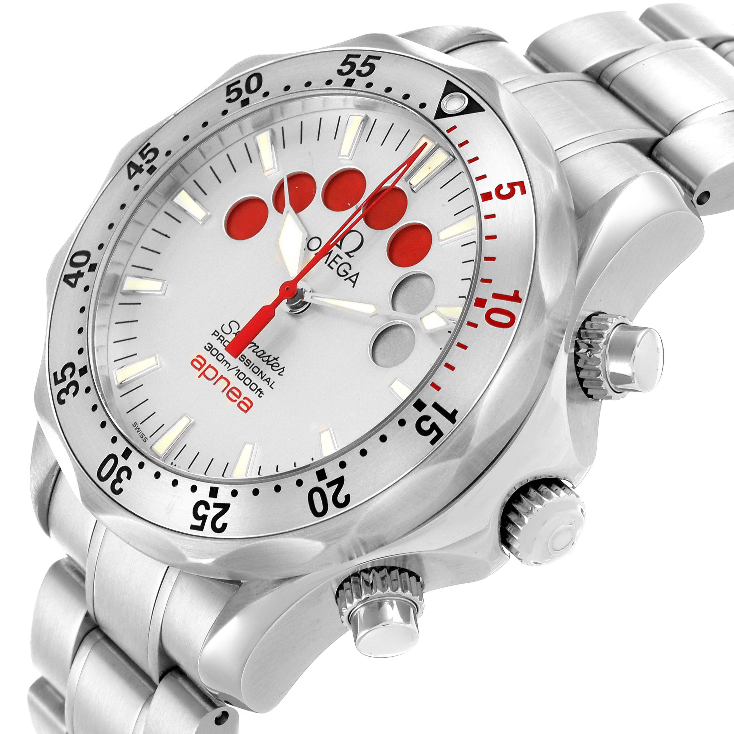 The Omega Seamaster 2595.30.00 Men
s Stainless Steel Silver Dial 2595.30.00 Men
s Stainless Steel Silver Dial watch is shown at an angled side view, highlighting the bezel, crown, and bracelet.