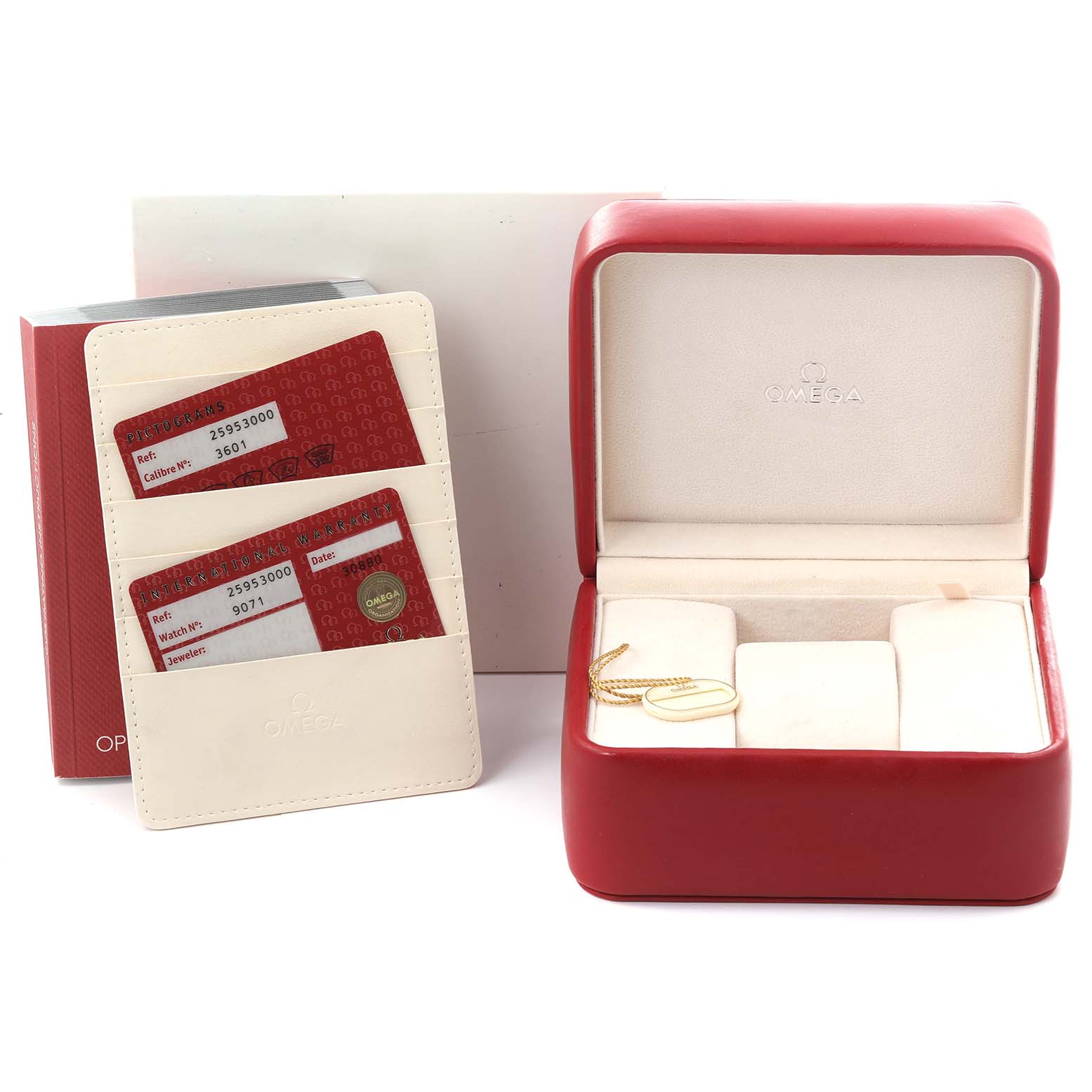 The image shows an Omega Seamaster 2595.30.00 Men
s Stainless Steel Silver Dial 2595.30.00 Men
s Stainless Steel Silver Dial watch box, warranty cards, and a booklet from a front angle.