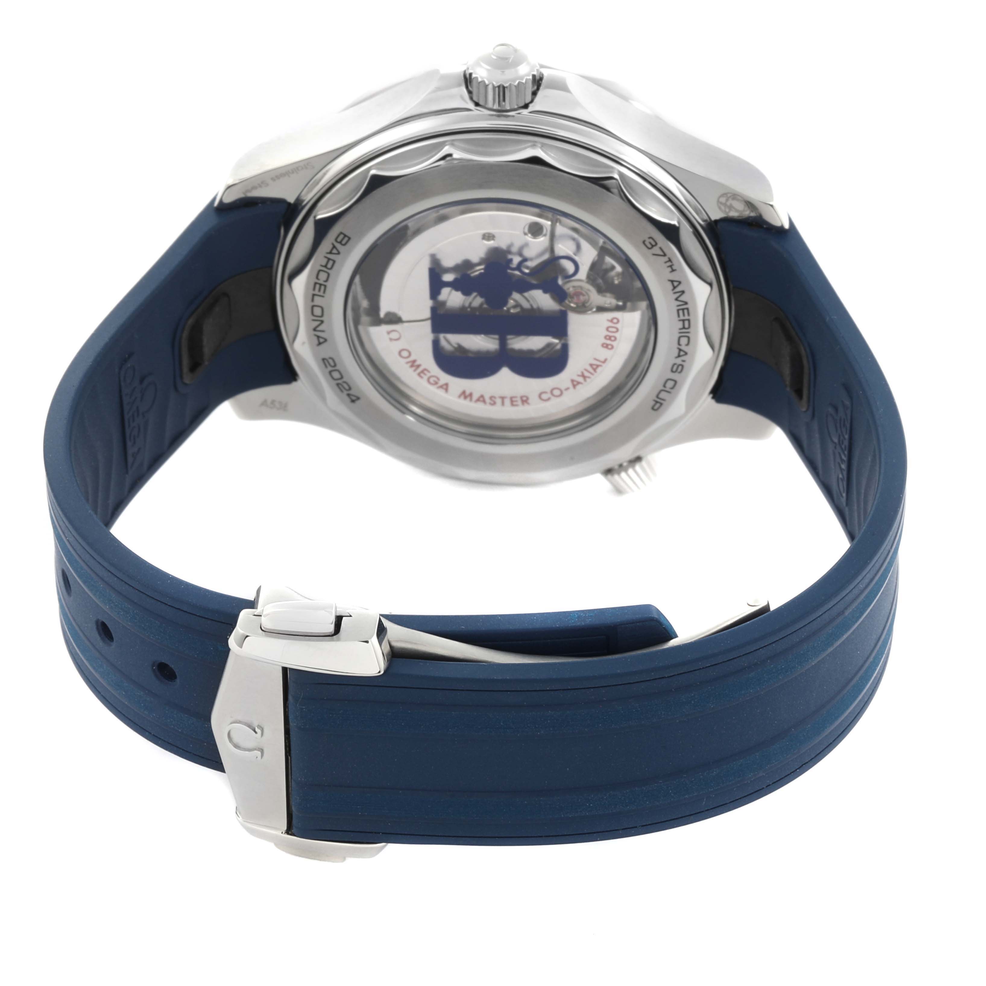 The image shows the back view of the Omega Seamaster 210.32.42.20.04.002 Men
s Stainless Steel White Dial 210.32.42.20.04.002 Men
s Stainless Steel White Dial, highlighting the clasp and case back with a blue strap.